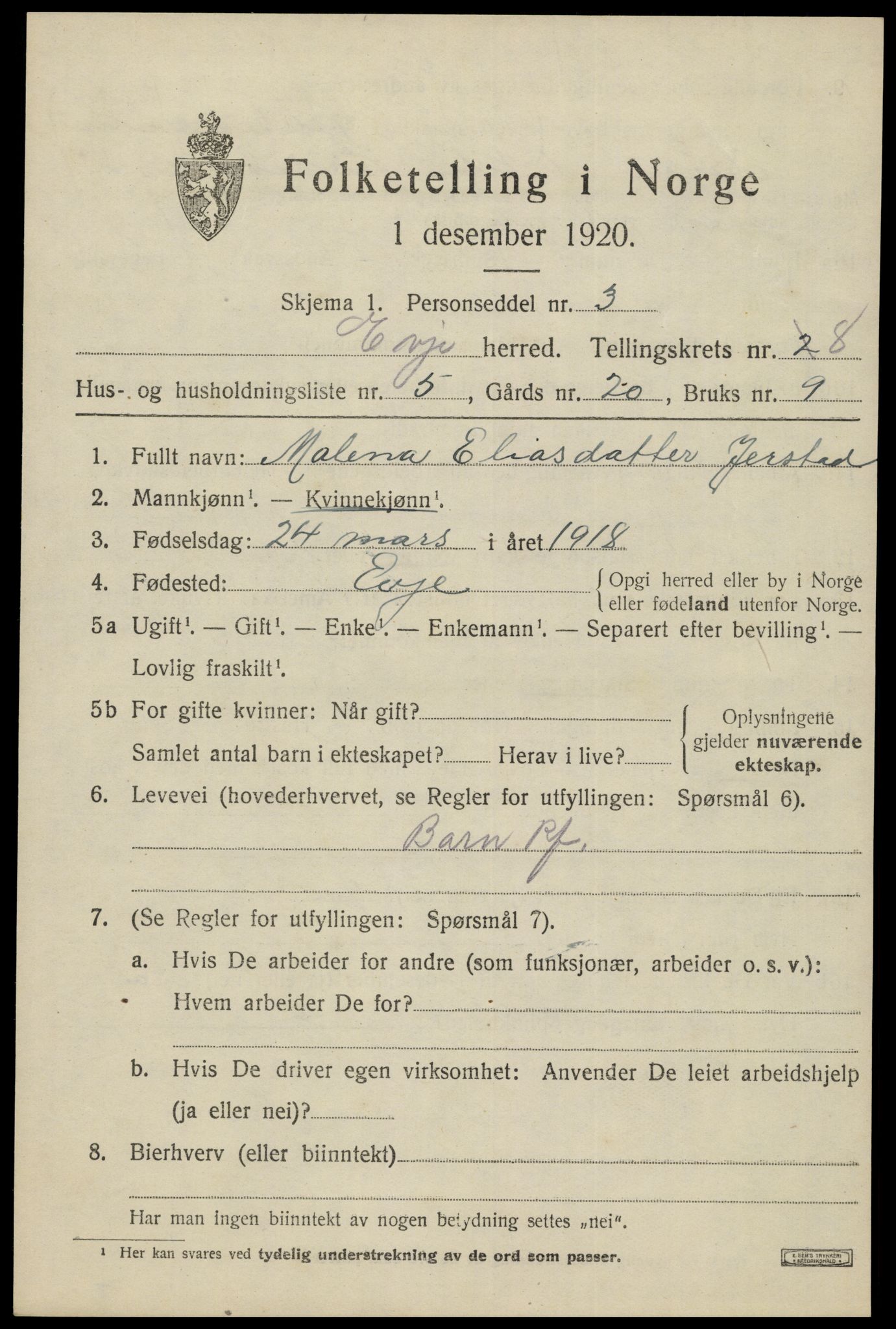 SAK, 1920 census for Evje, 1920, p. 2890