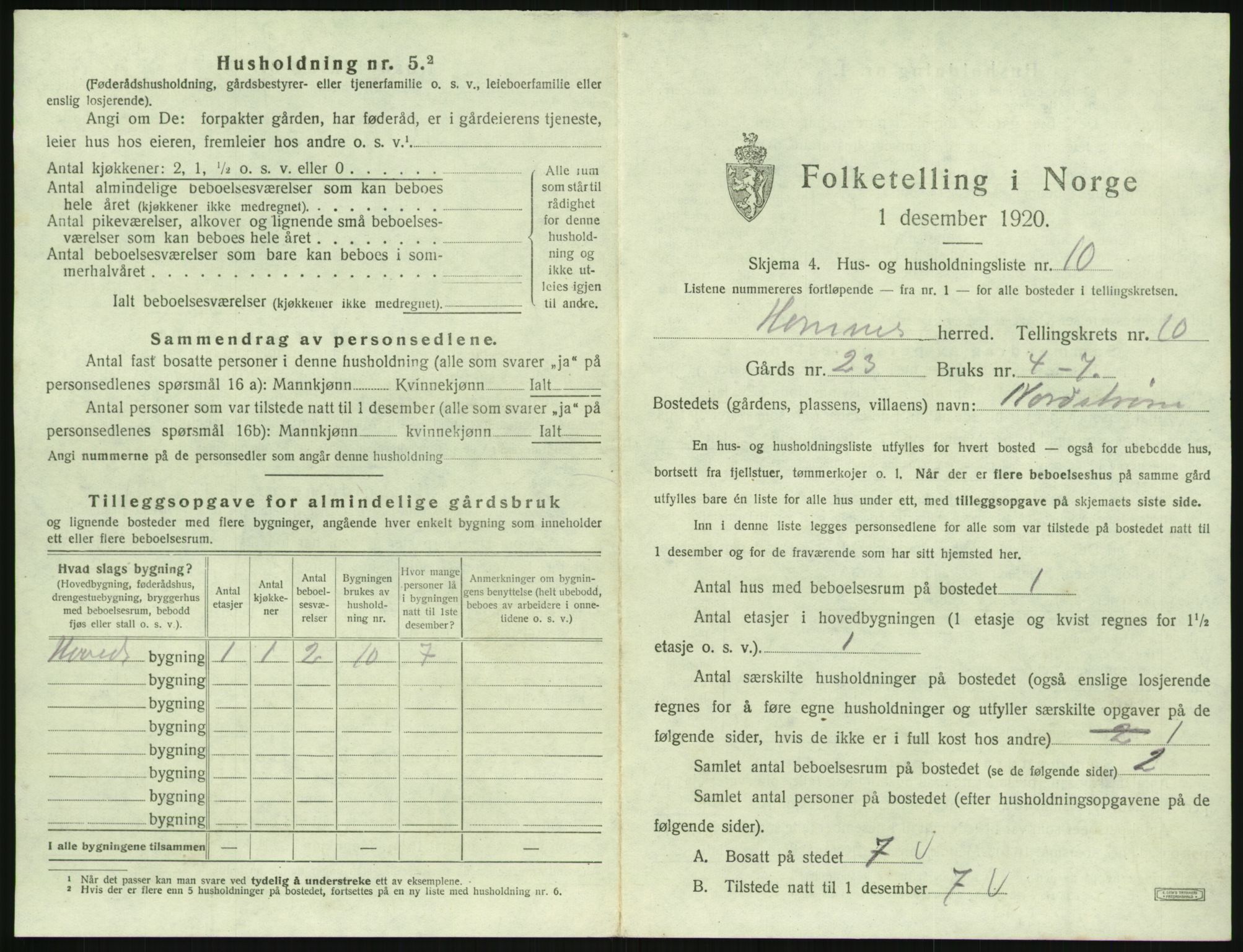 SAK, 1920 census for Hornnes, 1920, p. 425