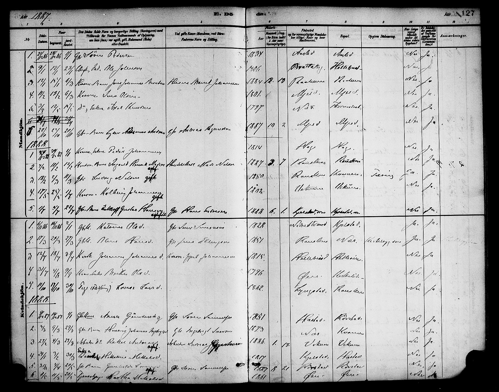 Gaular sokneprestembete, AV/SAB-A-80001/H/Haa: Parish register (official) no. D 1, 1882-1899, p. 127