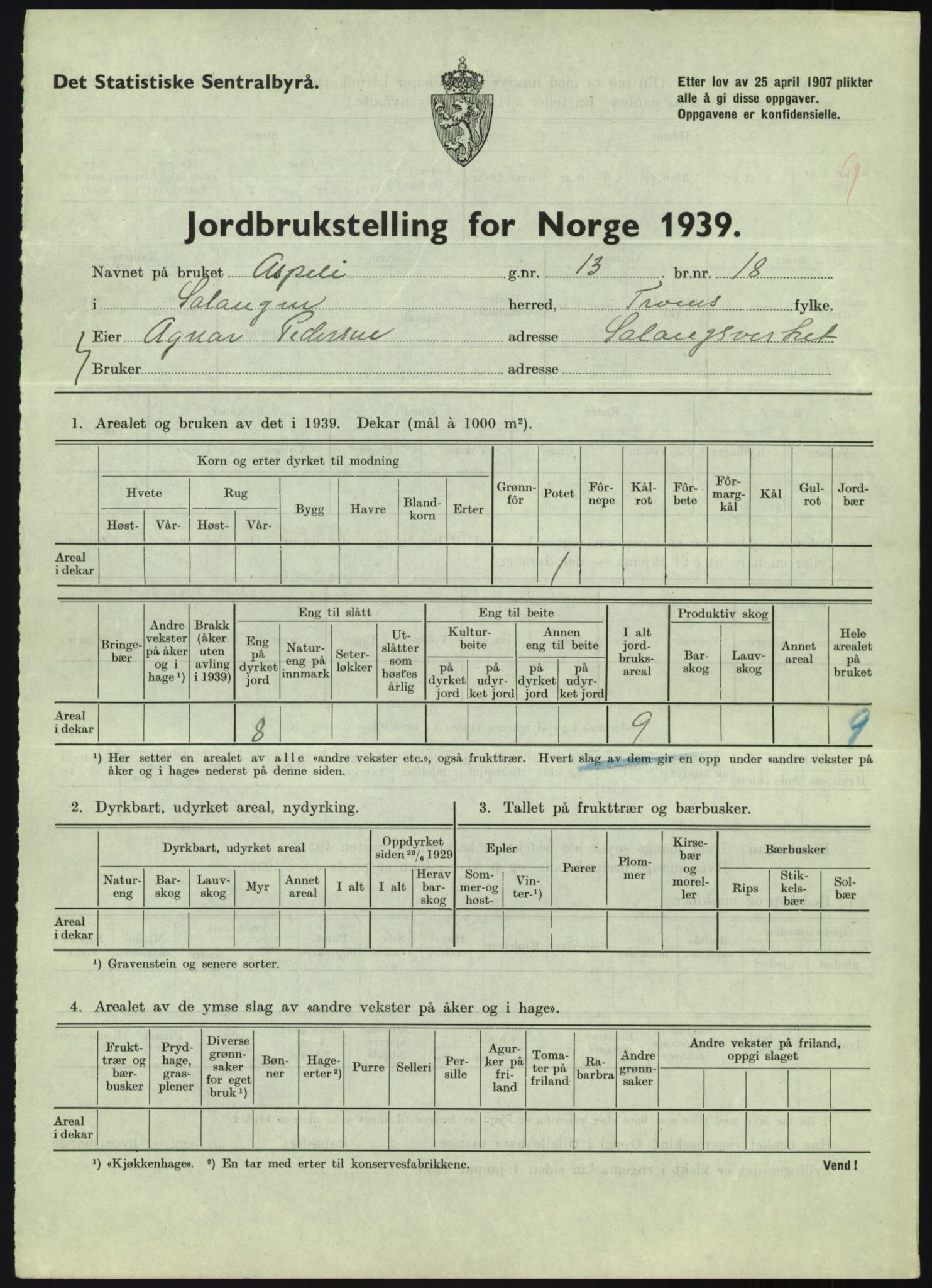 Statistisk sentralbyrå, Næringsøkonomiske emner, Jordbruk, skogbruk, jakt, fiske og fangst, AV/RA-S-2234/G/Gb/L0340: Troms: Salangen og Dyrøy, 1939, p. 129