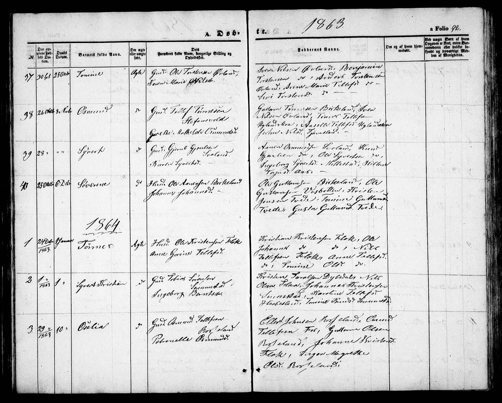 Birkenes sokneprestkontor, AV/SAK-1111-0004/F/Fb/L0002: Parish register (copy) no. B 2, 1849-1876, p. 92