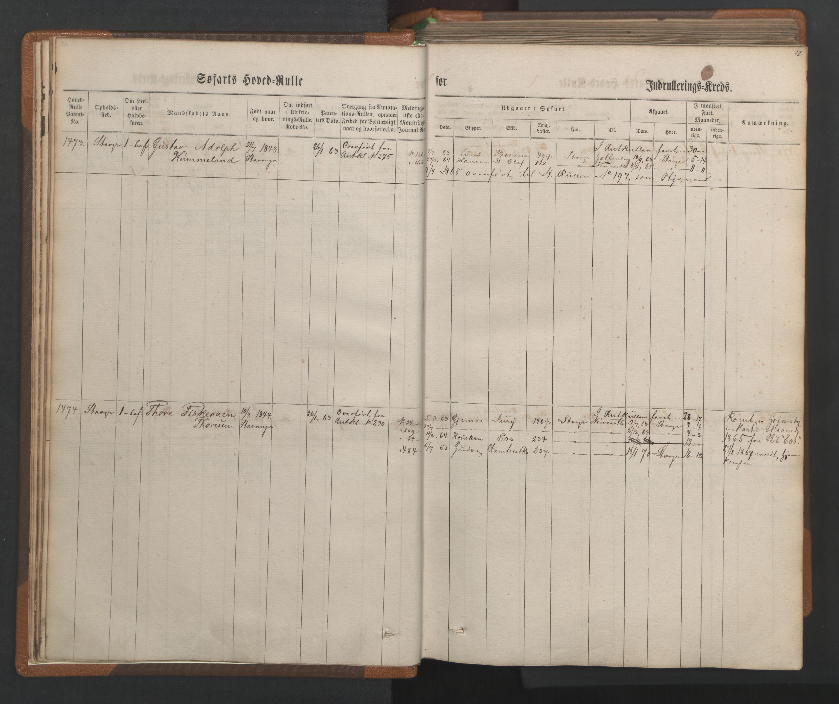 Stavanger sjømannskontor, AV/SAST-A-102006/F/Fb/Fbb/L0003: Sjøfartshovedrulle, patentnr. 1451-2270, 1863, p. 16