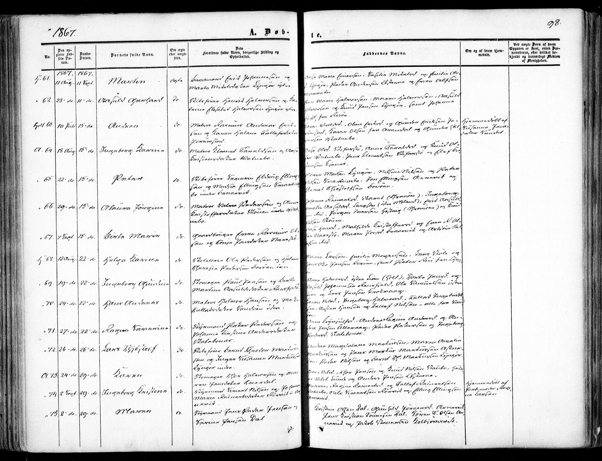 Dypvåg sokneprestkontor, SAK/1111-0007/F/Fa/Faa/L0006: Parish register (official) no. A 6, 1855-1872, p. 98