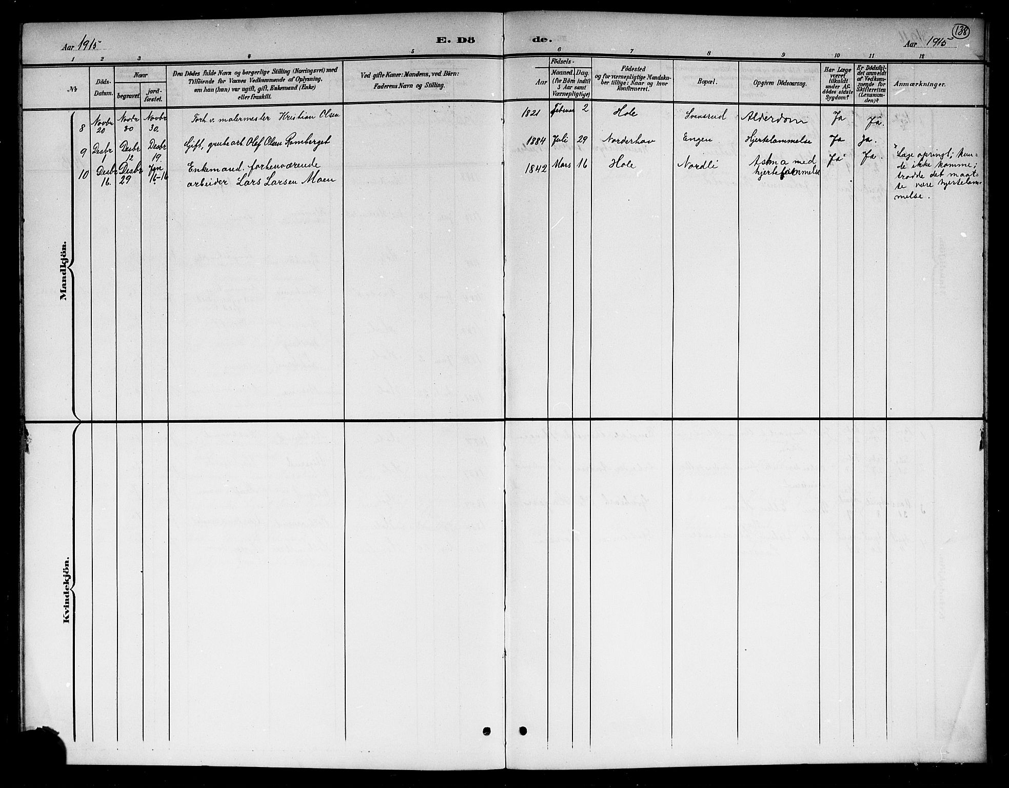 Hole kirkebøker, SAKO/A-228/G/Gb/L0004: Parish register (copy) no. II 4, 1901-1916, p. 138