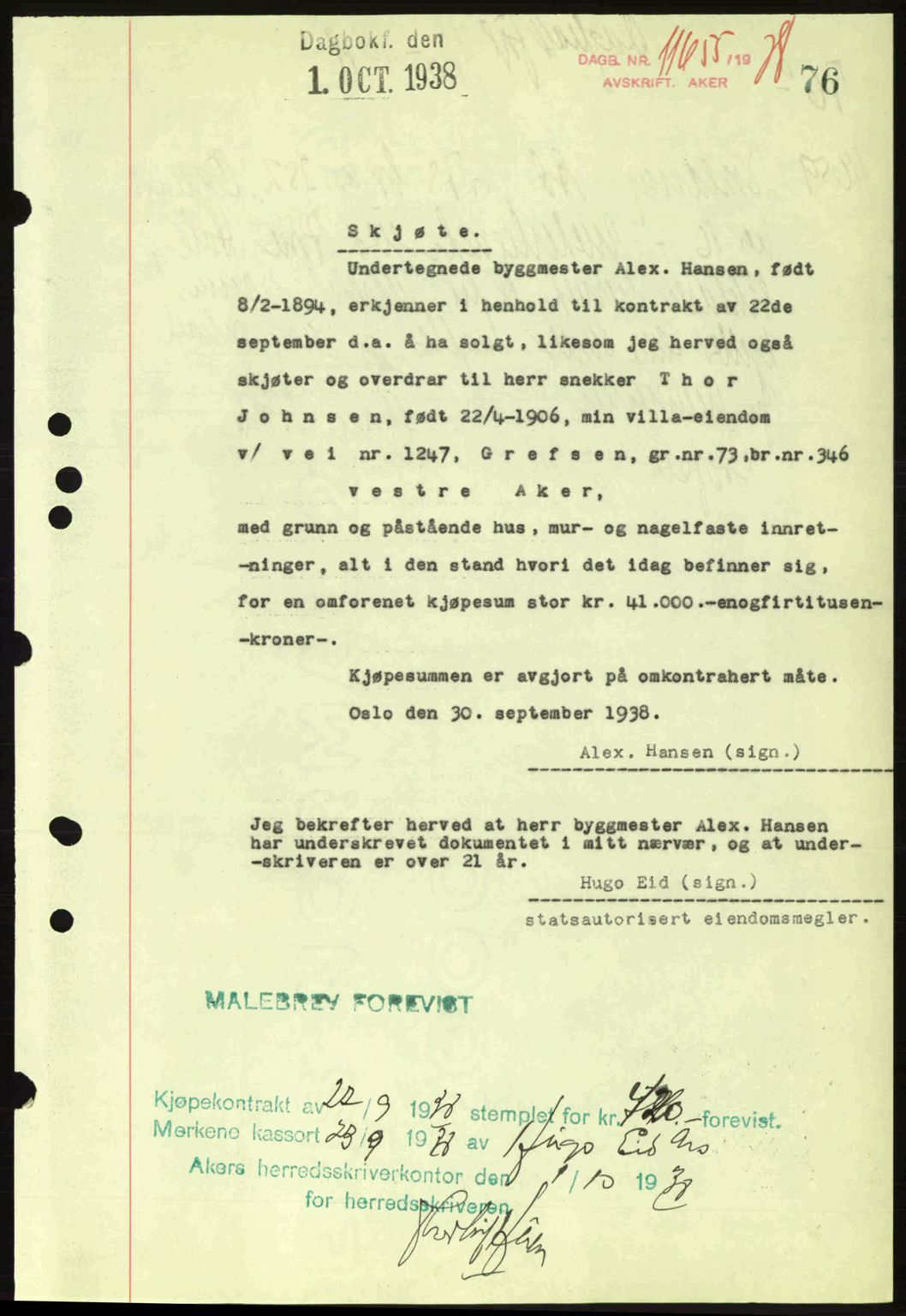 Aker herredsskriveri, SAO/A-10896/G/Gb/Gba/Gbab/L0025: Mortgage book no. A154-155, 1938-1938, Diary no: : 11655/1938