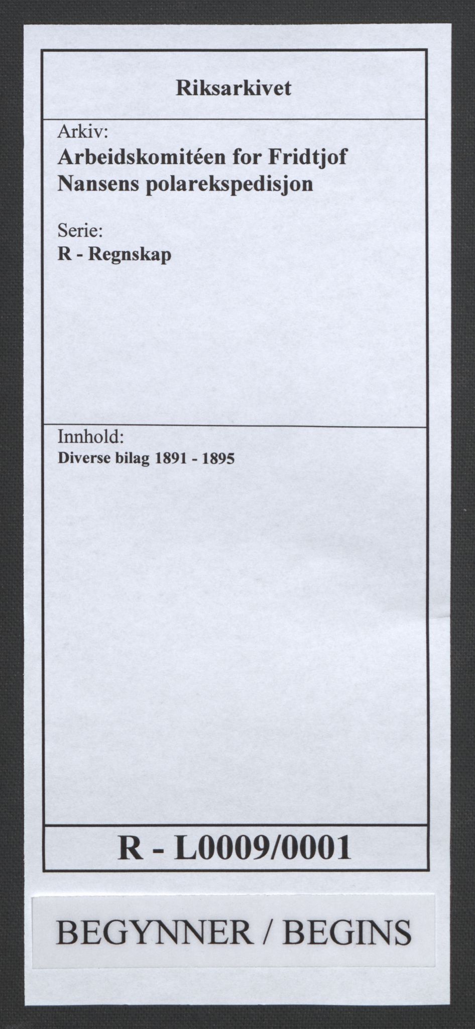 Arbeidskomitéen for Fridtjof Nansens polarekspedisjon, RA/PA-0061/R/L0009/0001: Regnskapsbilag / Diverse bilag, 1891-1895, p. 1