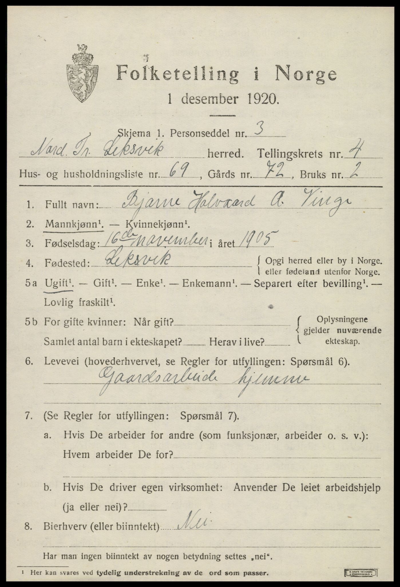 SAT, 1920 census for Leksvik, 1920, p. 4406