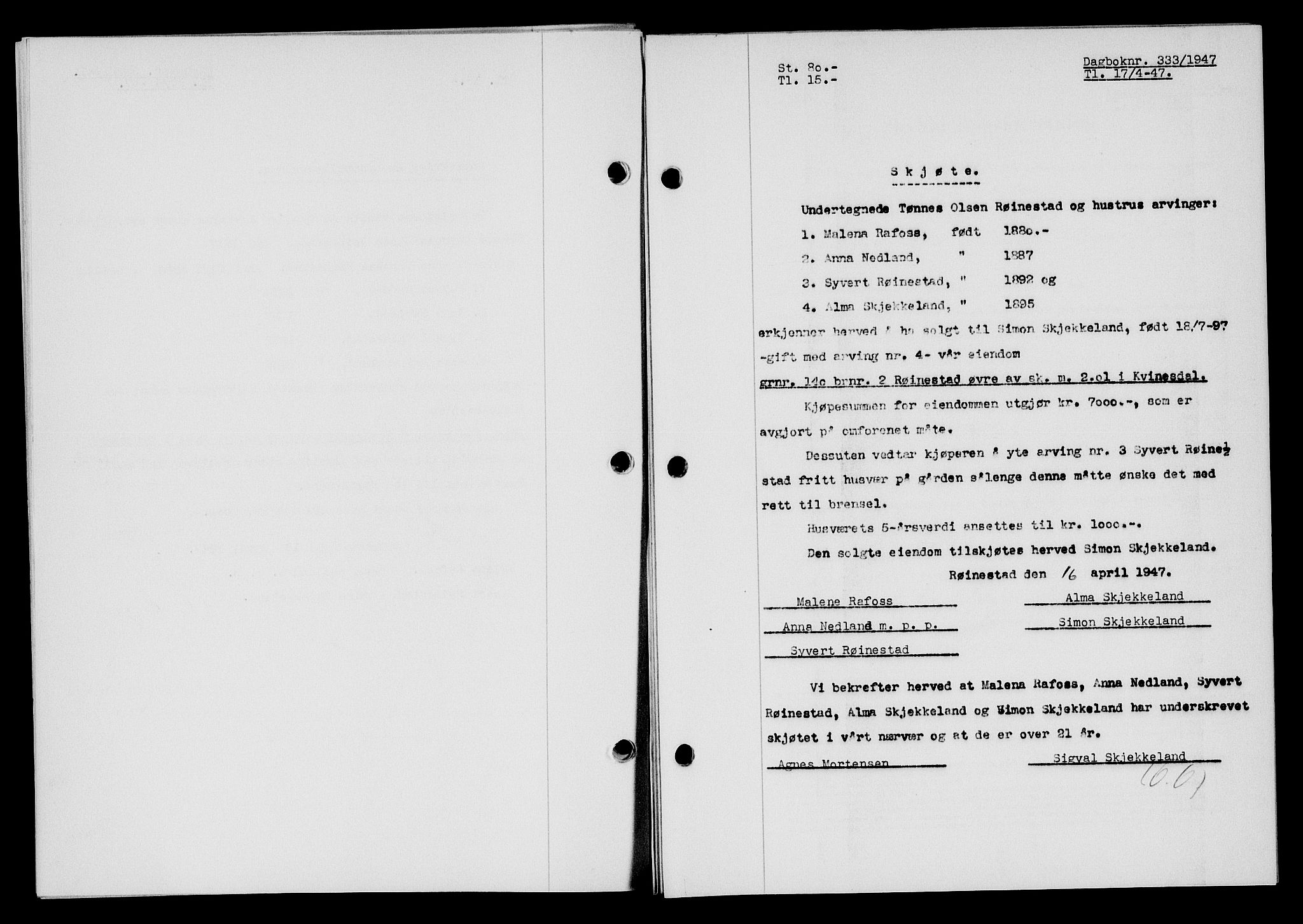 Flekkefjord sorenskriveri, SAK/1221-0001/G/Gb/Gba/L0062: Mortgage book no. A-10, 1947-1947, Diary no: : 333/1947