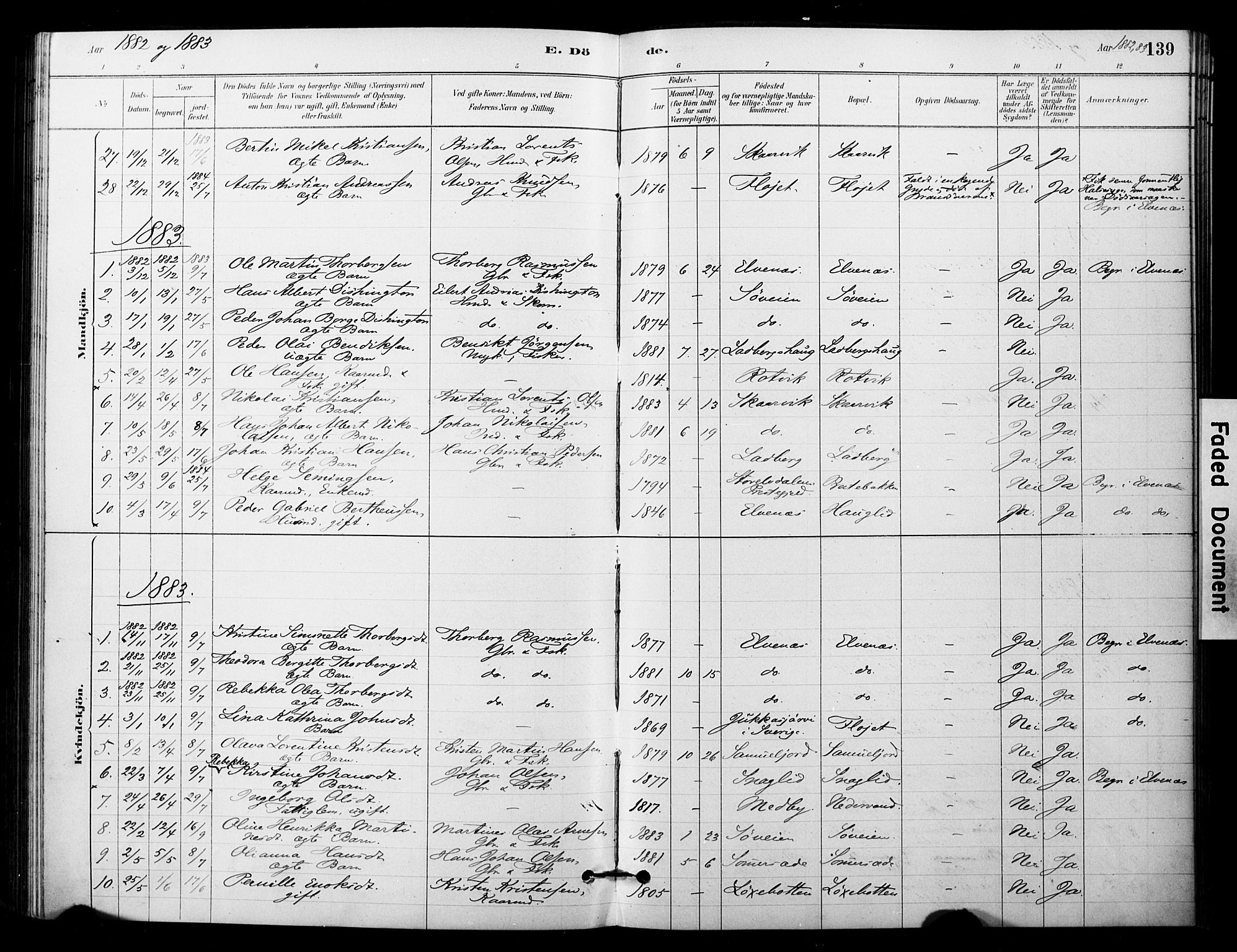 Ibestad sokneprestembete, AV/SATØ-S-0077/H/Ha/Haa/L0014kirke: Parish register (official) no. 14, 1880-1887, p. 139