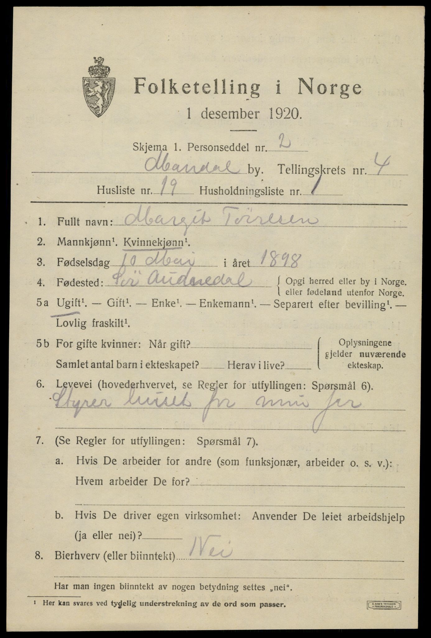 SAK, 1920 census for Mandal, 1920, p. 7211