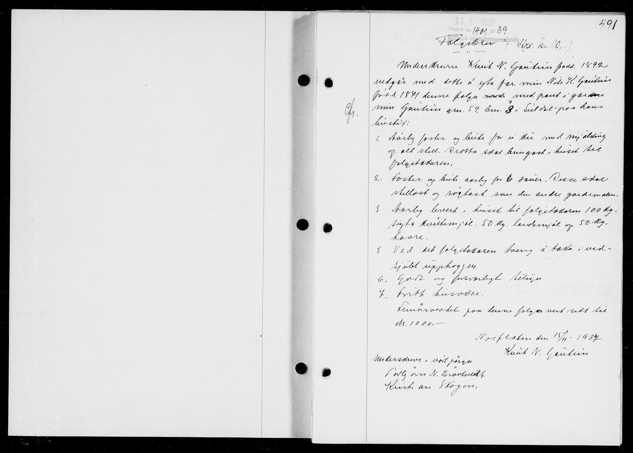 Ryfylke tingrett, AV/SAST-A-100055/001/II/IIB/L0080: Mortgage book no. 59, 1939-1939, Diary no: : 1401/1939