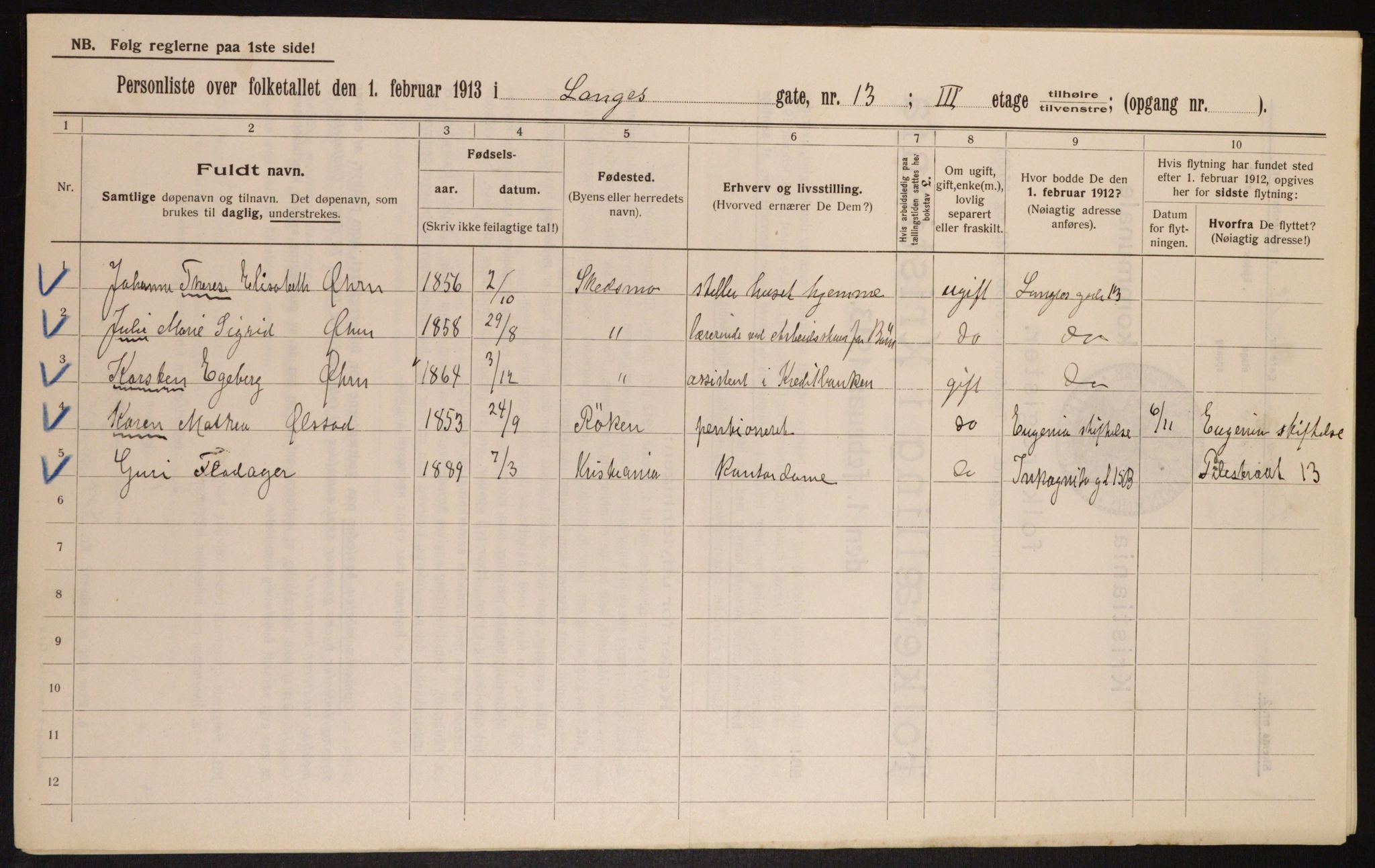 OBA, Municipal Census 1913 for Kristiania, 1913, p. 56152