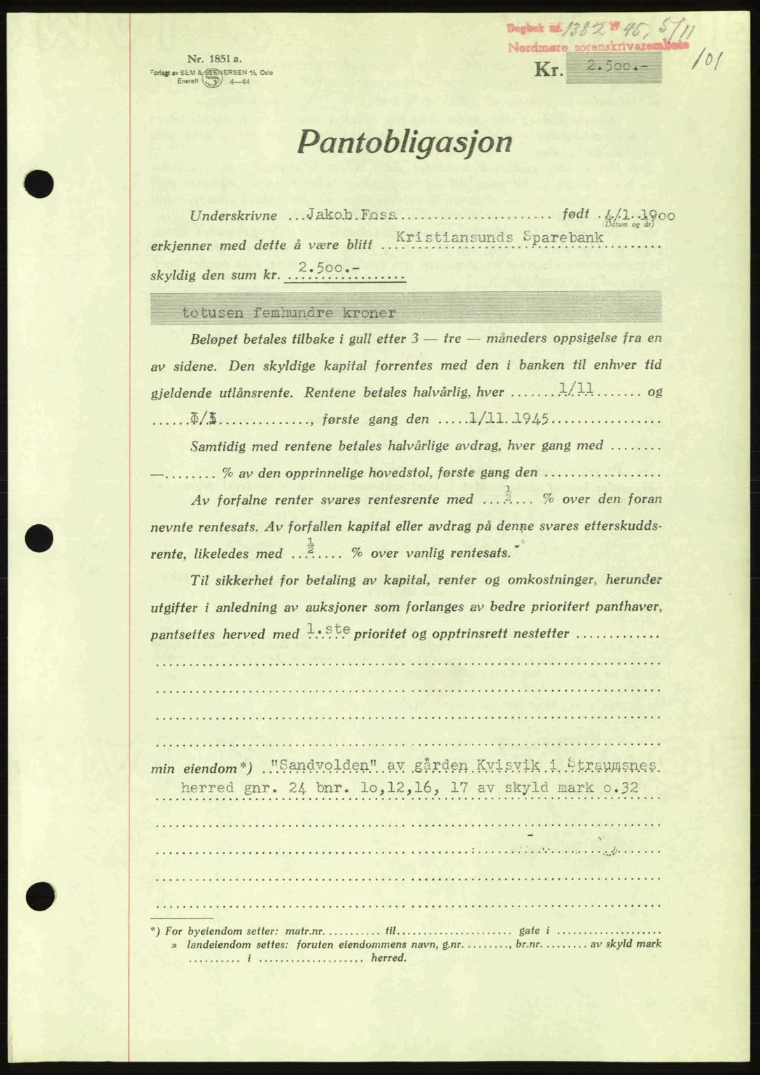 Nordmøre sorenskriveri, AV/SAT-A-4132/1/2/2Ca: Mortgage book no. B93a, 1945-1945, Diary no: : 1382/1945