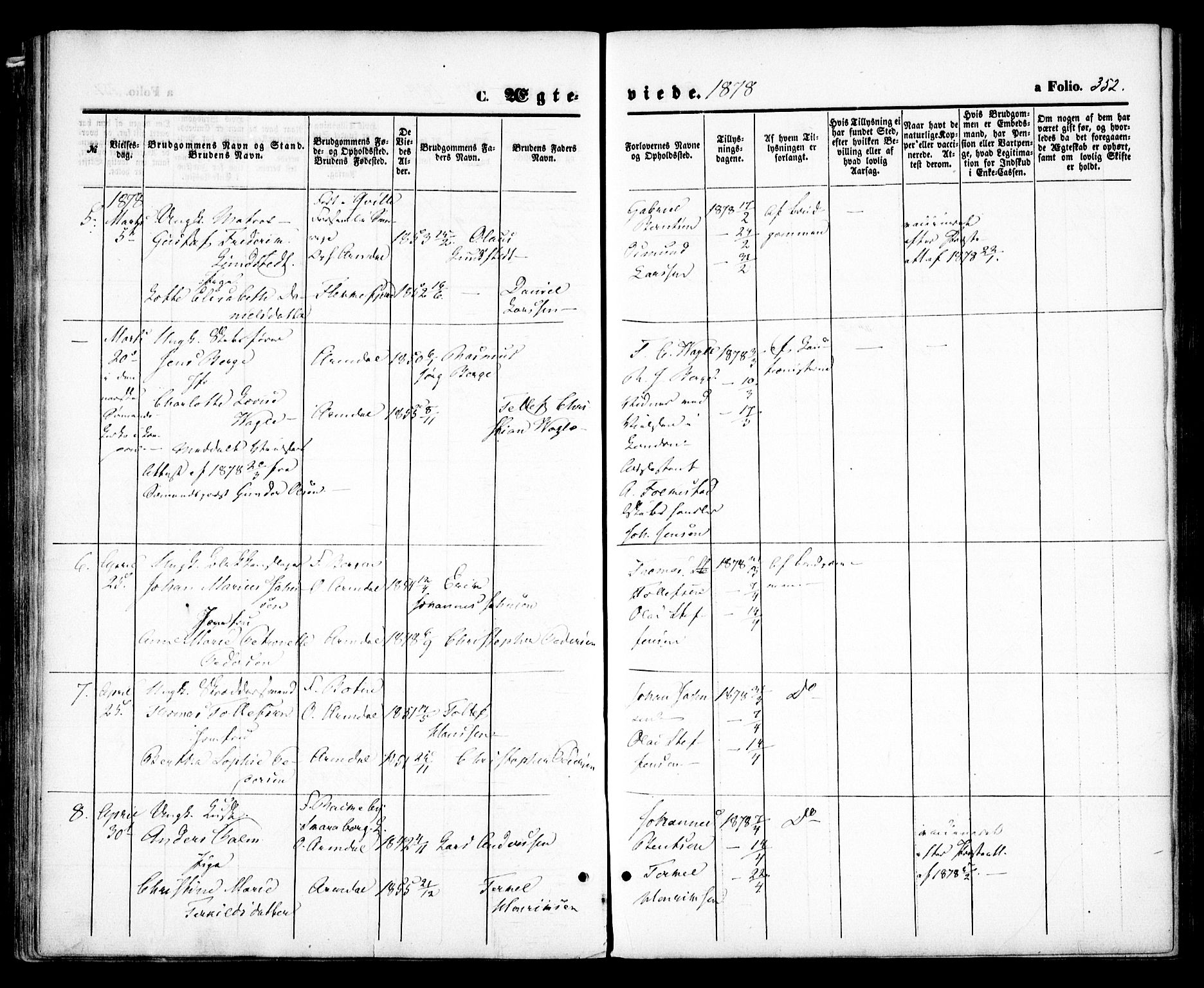 Arendal sokneprestkontor, Trefoldighet, SAK/1111-0040/F/Fa/L0007: Parish register (official) no. A 7, 1868-1878, p. 352