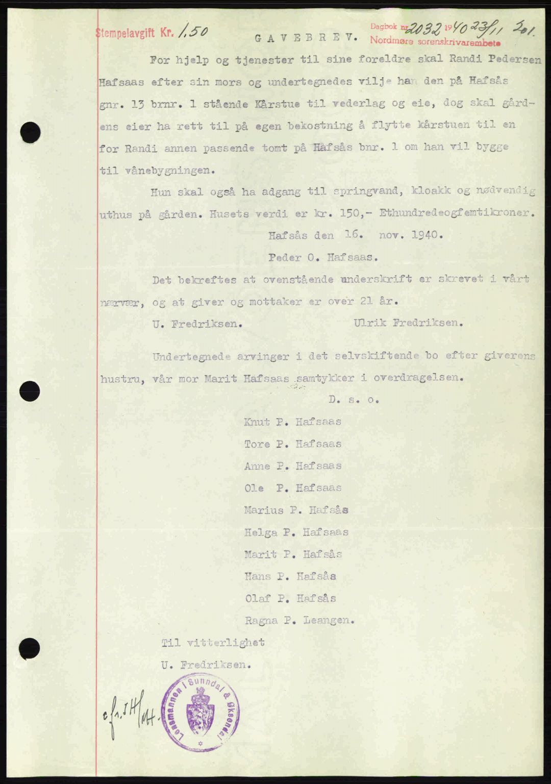 Nordmøre sorenskriveri, SAT/A-4132/1/2/2Ca: Mortgage book no. A89, 1940-1941, Diary no: : 2032/1940