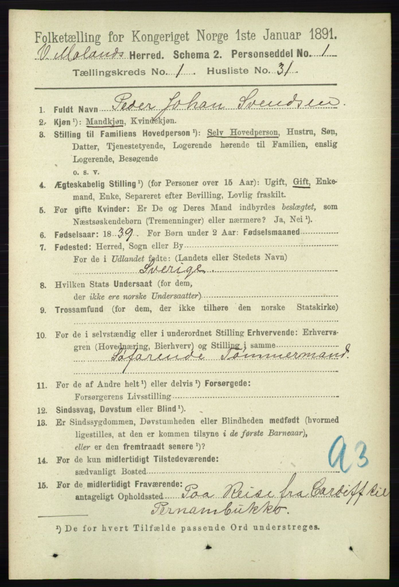RA, 1891 census for 0926 Vestre Moland, 1891, p. 286