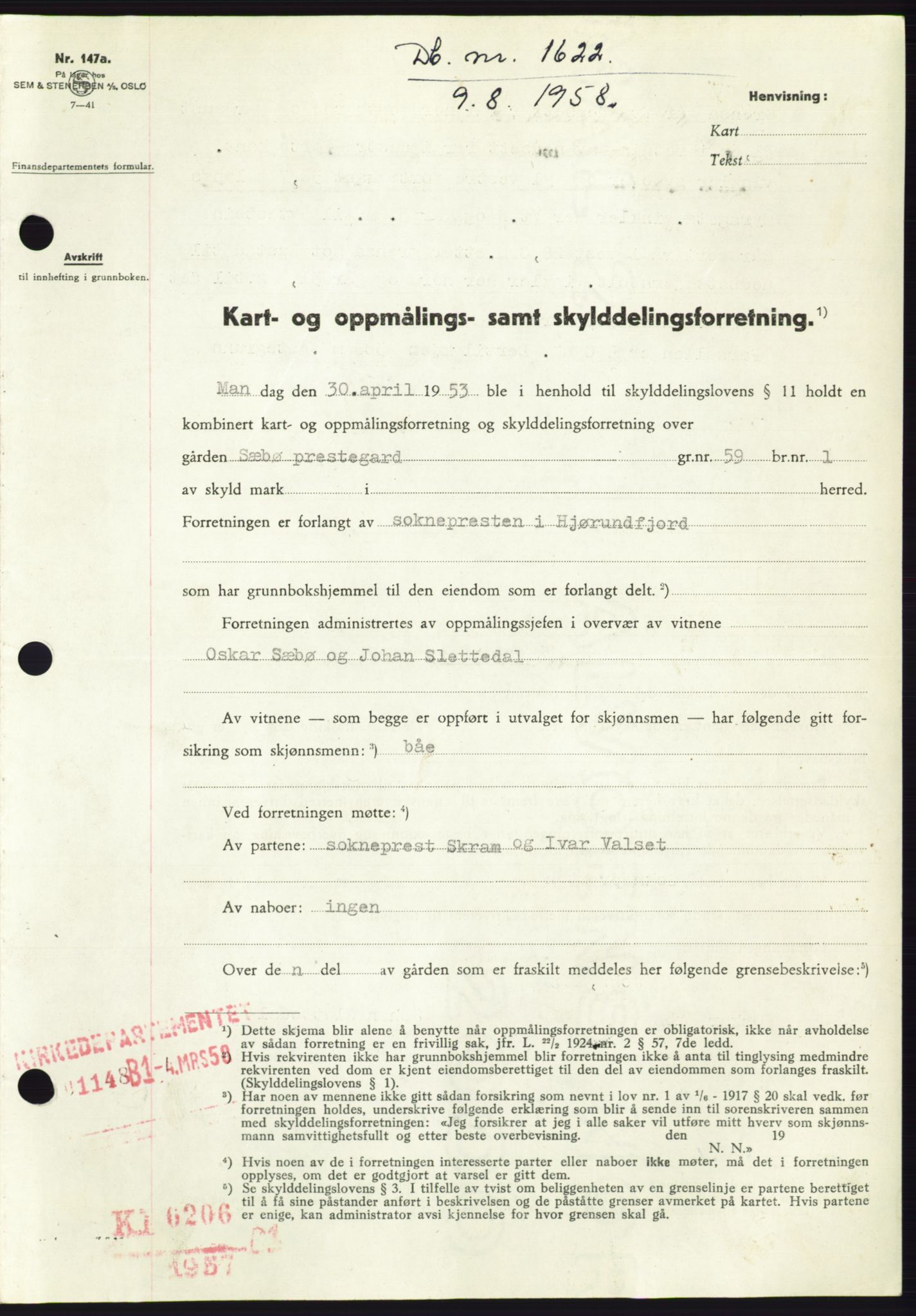 Søre Sunnmøre sorenskriveri, AV/SAT-A-4122/1/2/2C/L0110: Mortgage book no. 36A, 1958-1958, Diary no: : 1622/1958