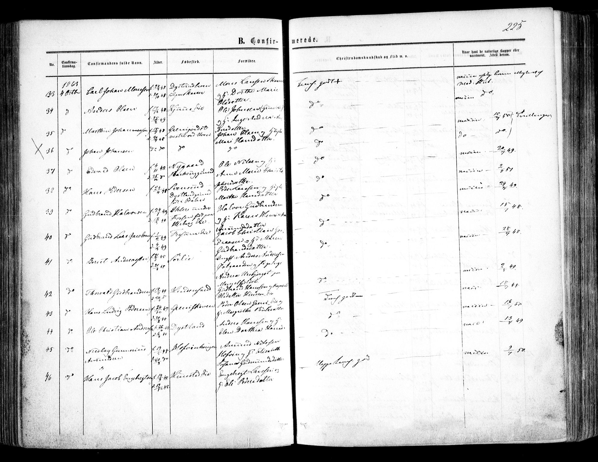 Nes prestekontor Kirkebøker, AV/SAO-A-10410/F/Fa/L0008: Parish register (official) no. I 8, 1859-1874, p. 225