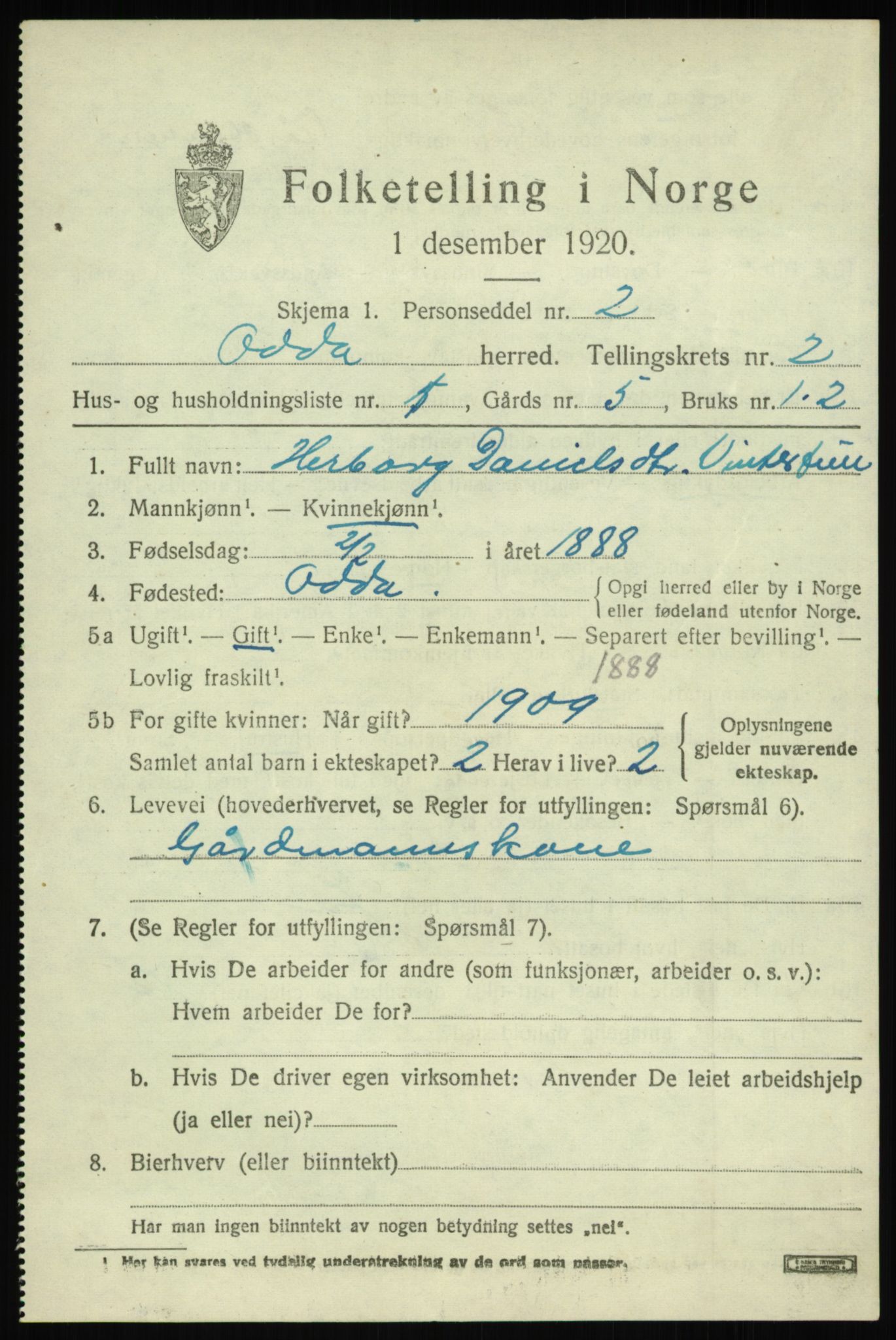 SAB, 1920 census for Odda, 1920, p. 1845