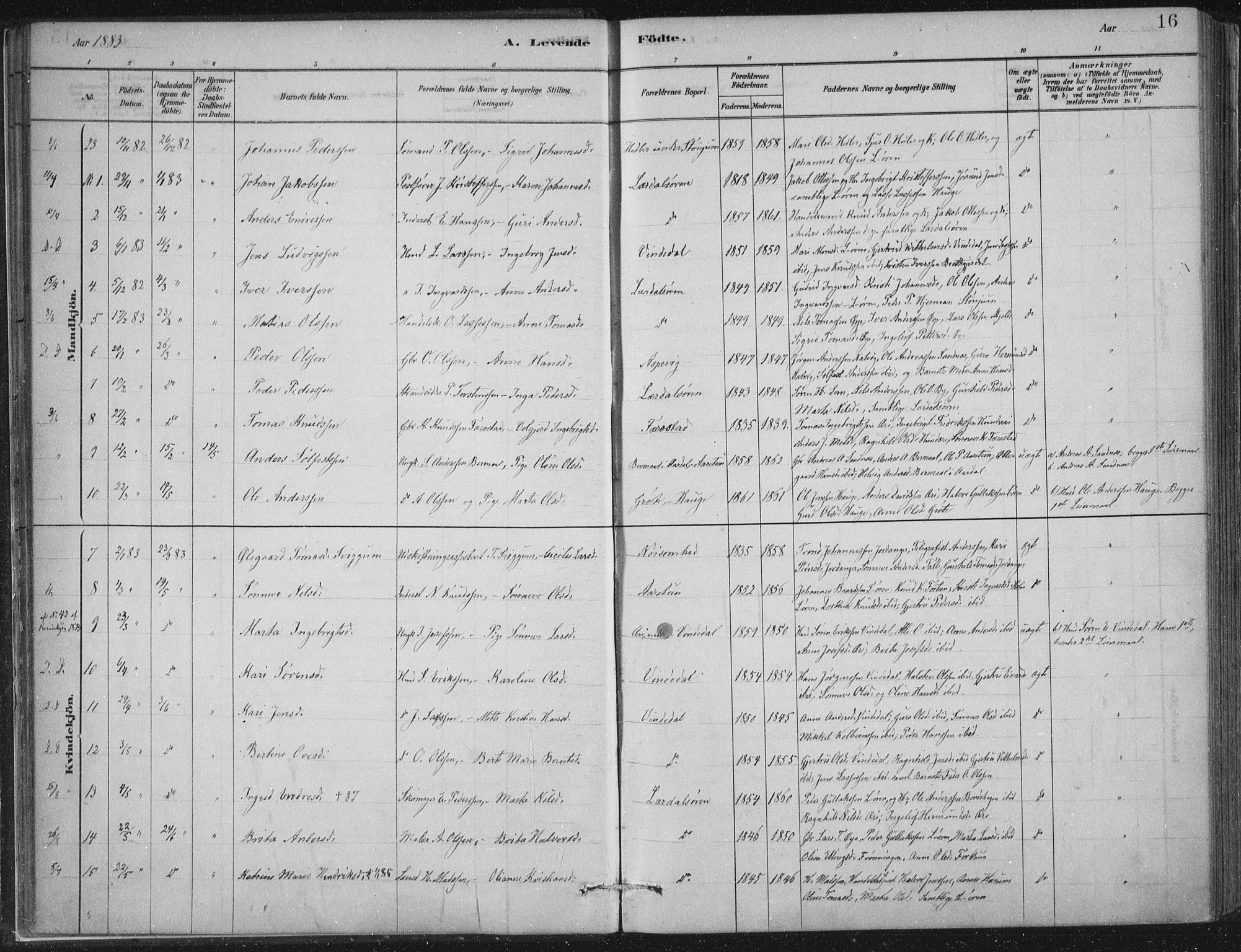 Lærdal sokneprestembete, SAB/A-81201: Parish register (official) no. D  1, 1878-1908, p. 16