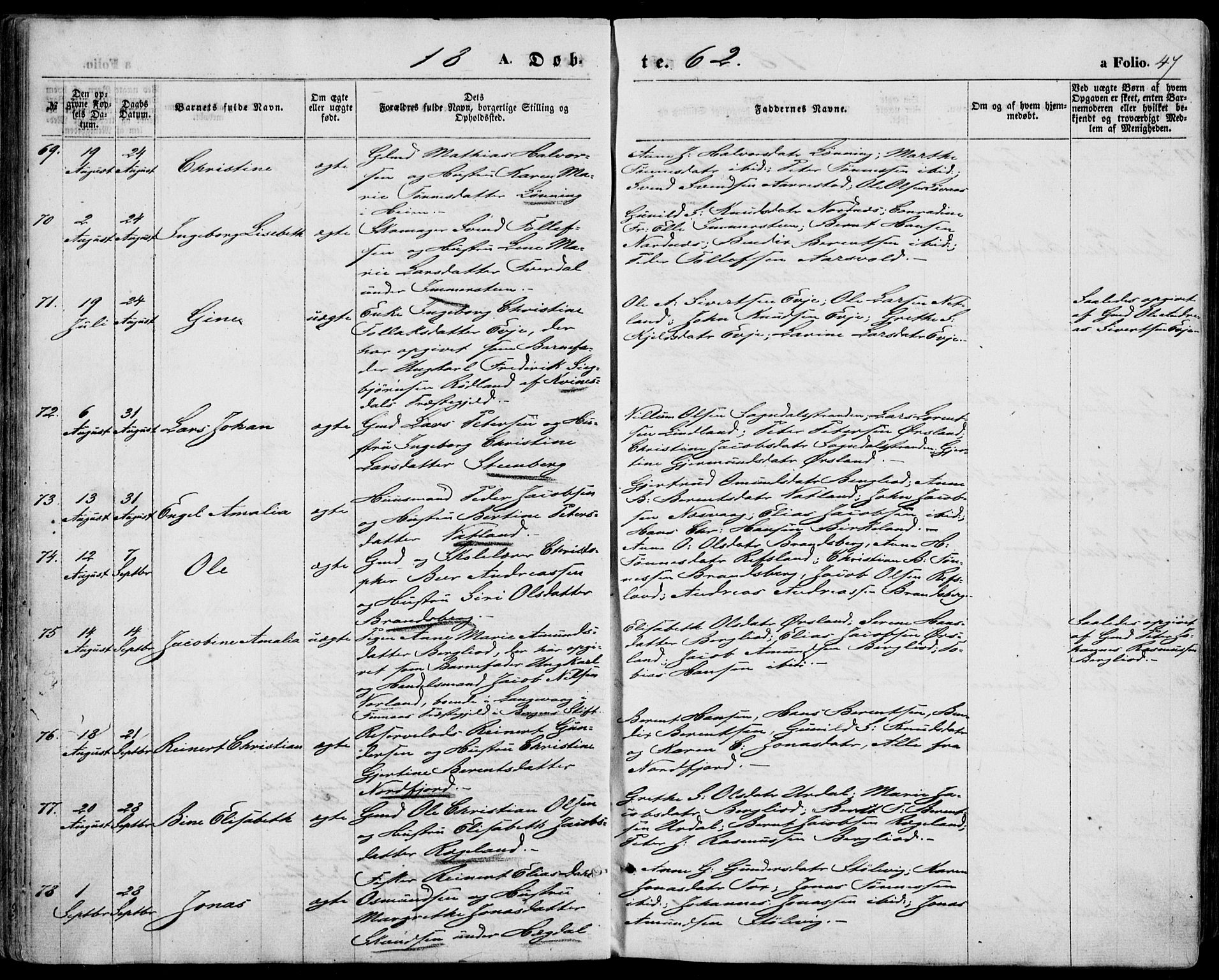 Sokndal sokneprestkontor, AV/SAST-A-101808: Parish register (official) no. A 9, 1857-1874, p. 47