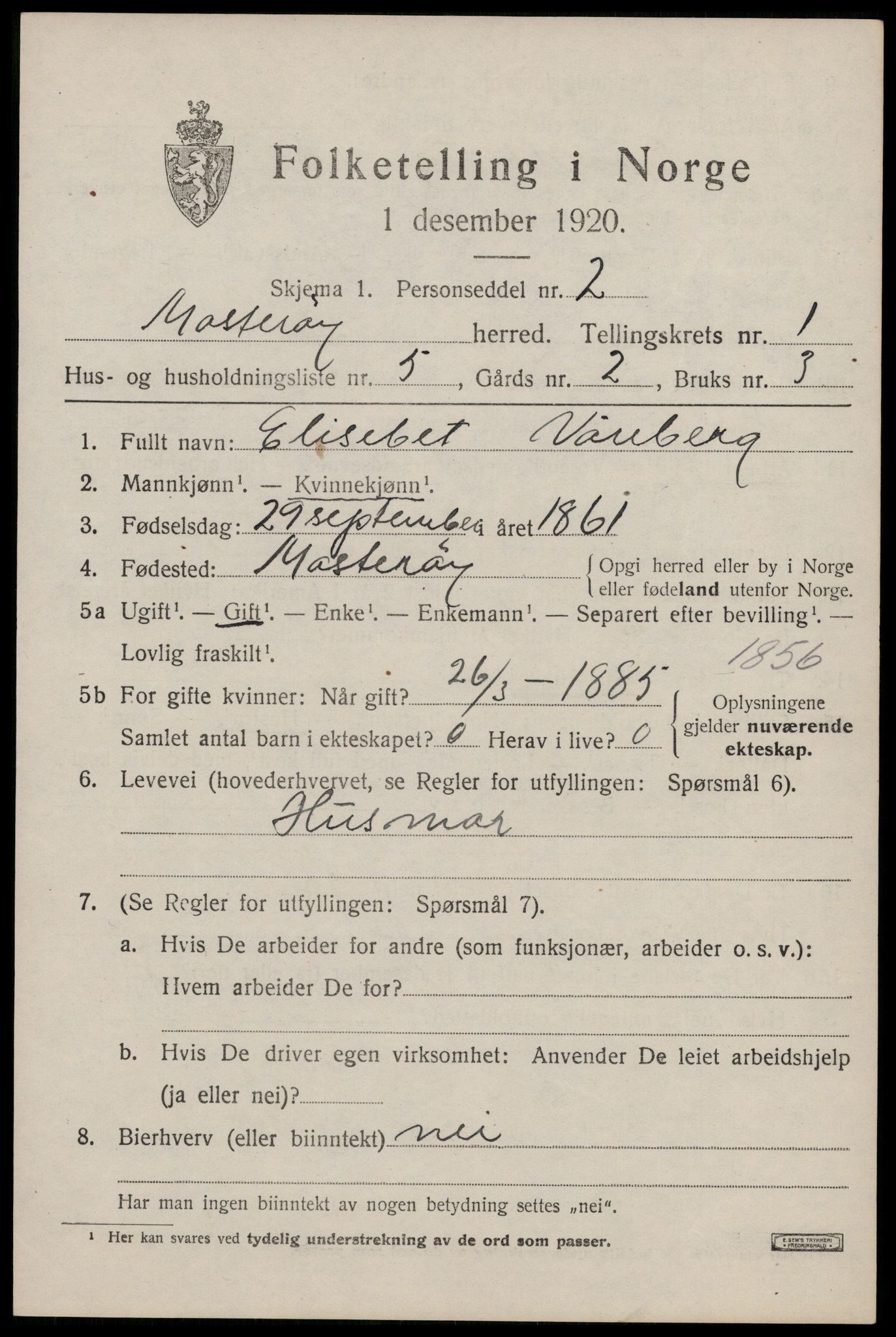 SAST, 1920 census for Mosterøy, 1920, p. 582