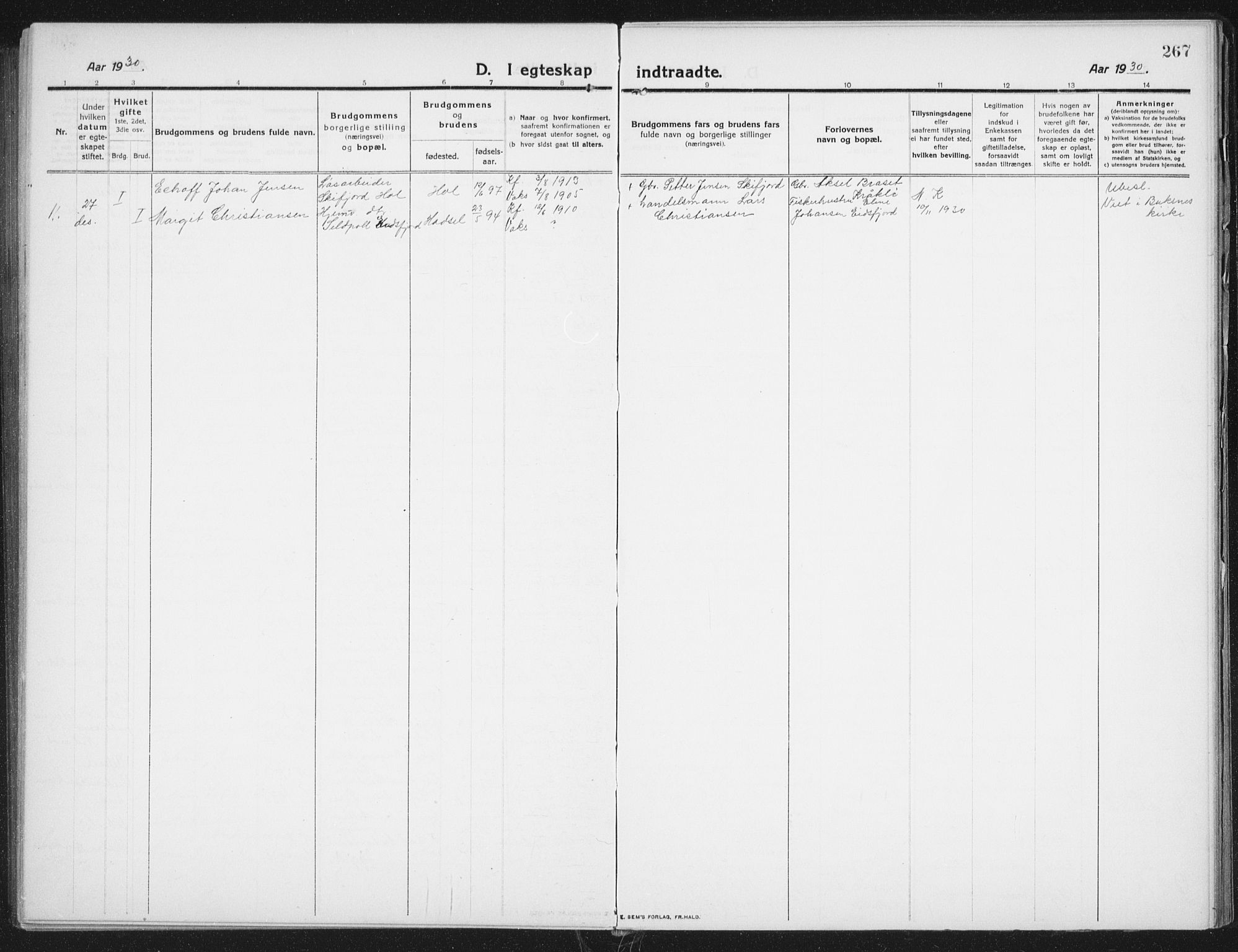 Ministerialprotokoller, klokkerbøker og fødselsregistre - Nordland, SAT/A-1459/882/L1183: Parish register (copy) no. 882C01, 1911-1938, p. 267