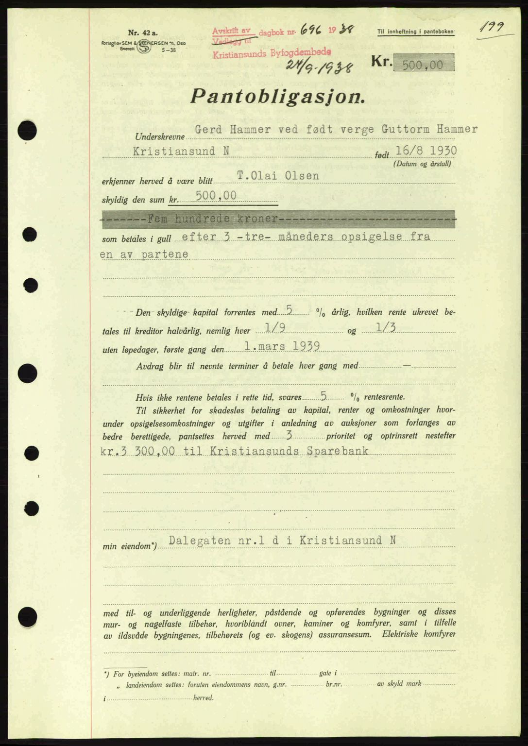 Kristiansund byfogd, SAT/A-4587/A/27: Mortgage book no. 31, 1938-1939, Diary no: : 696/1938