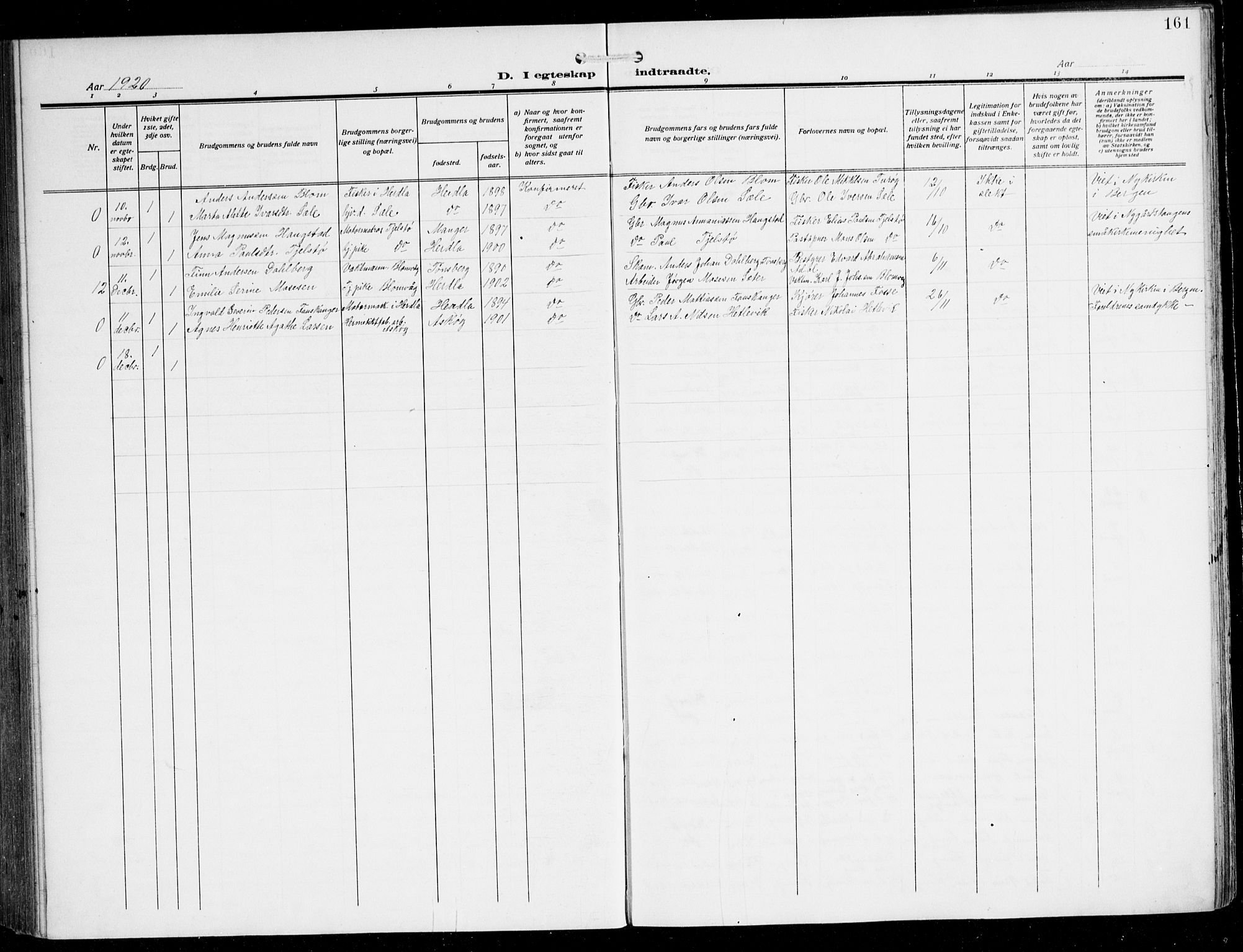 Herdla Sokneprestembete, SAB/A-75701/H/Hab: Parish register (copy) no. C 2, 1913-1926, p. 161