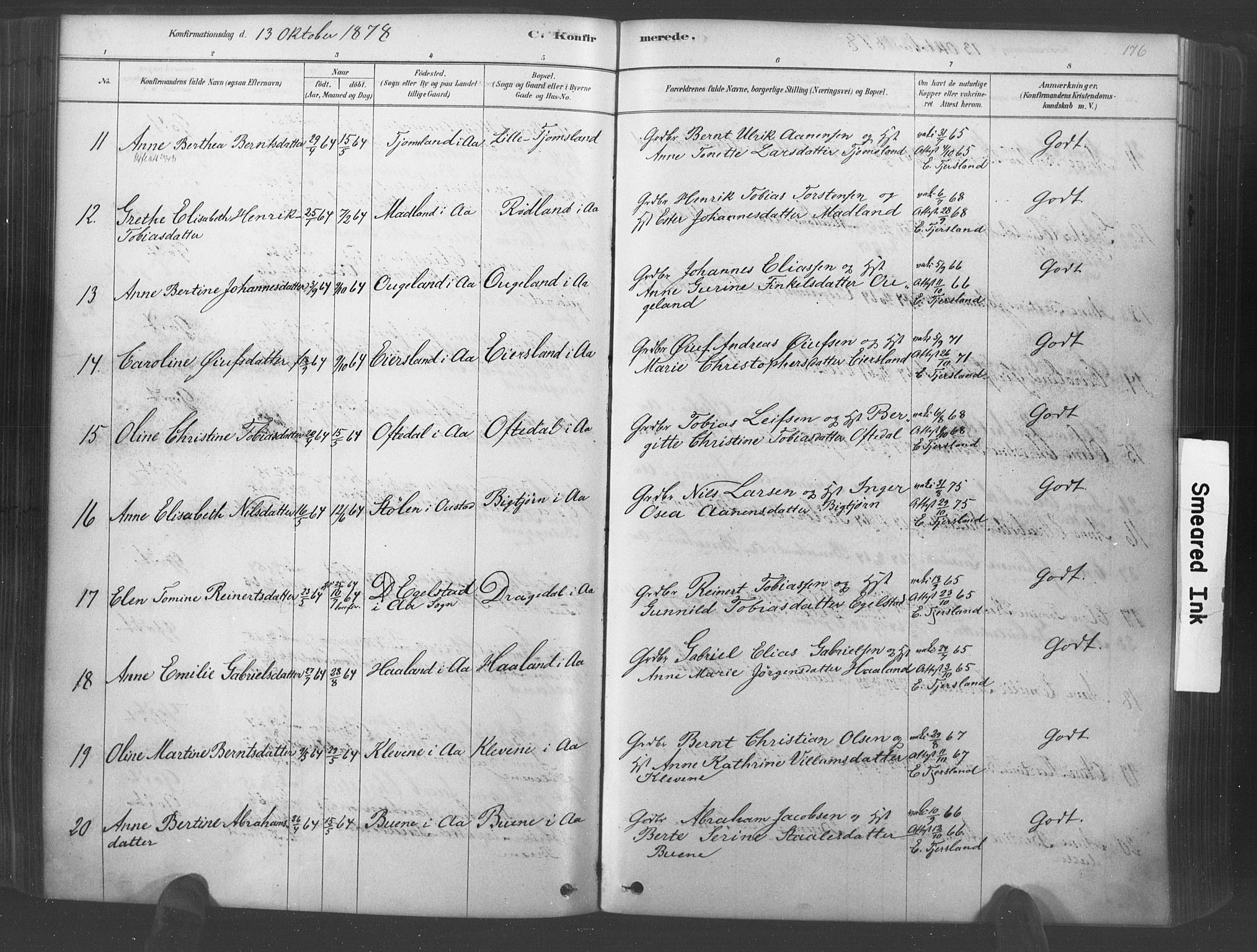 Lyngdal sokneprestkontor, AV/SAK-1111-0029/F/Fa/Fac/L0011: Parish register (official) no. A 11, 1878-1893, p. 176