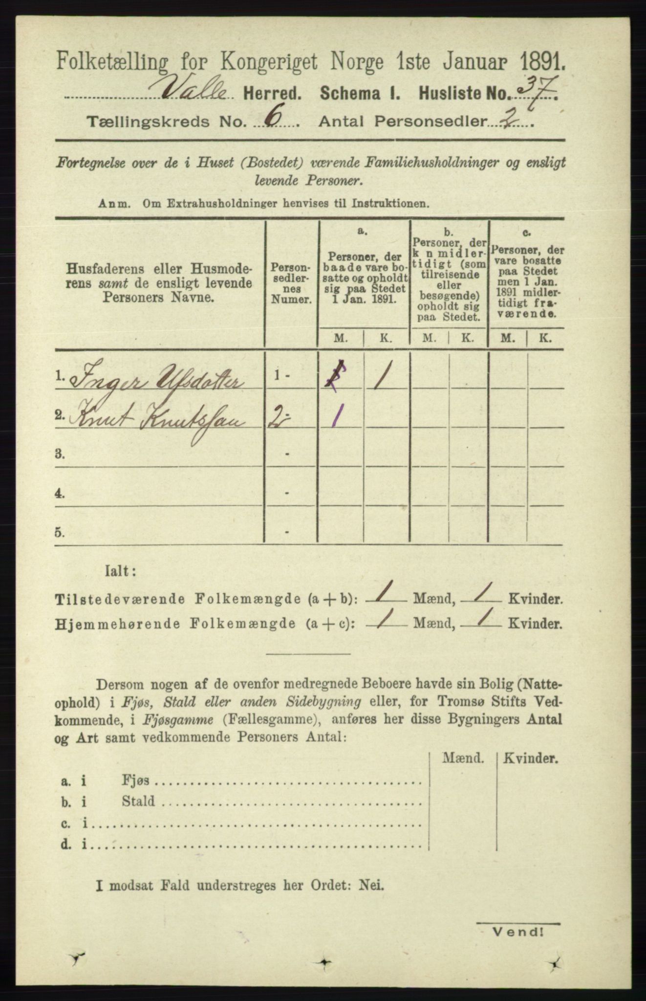 RA, 1891 census for 0940 Valle, 1891, p. 1672