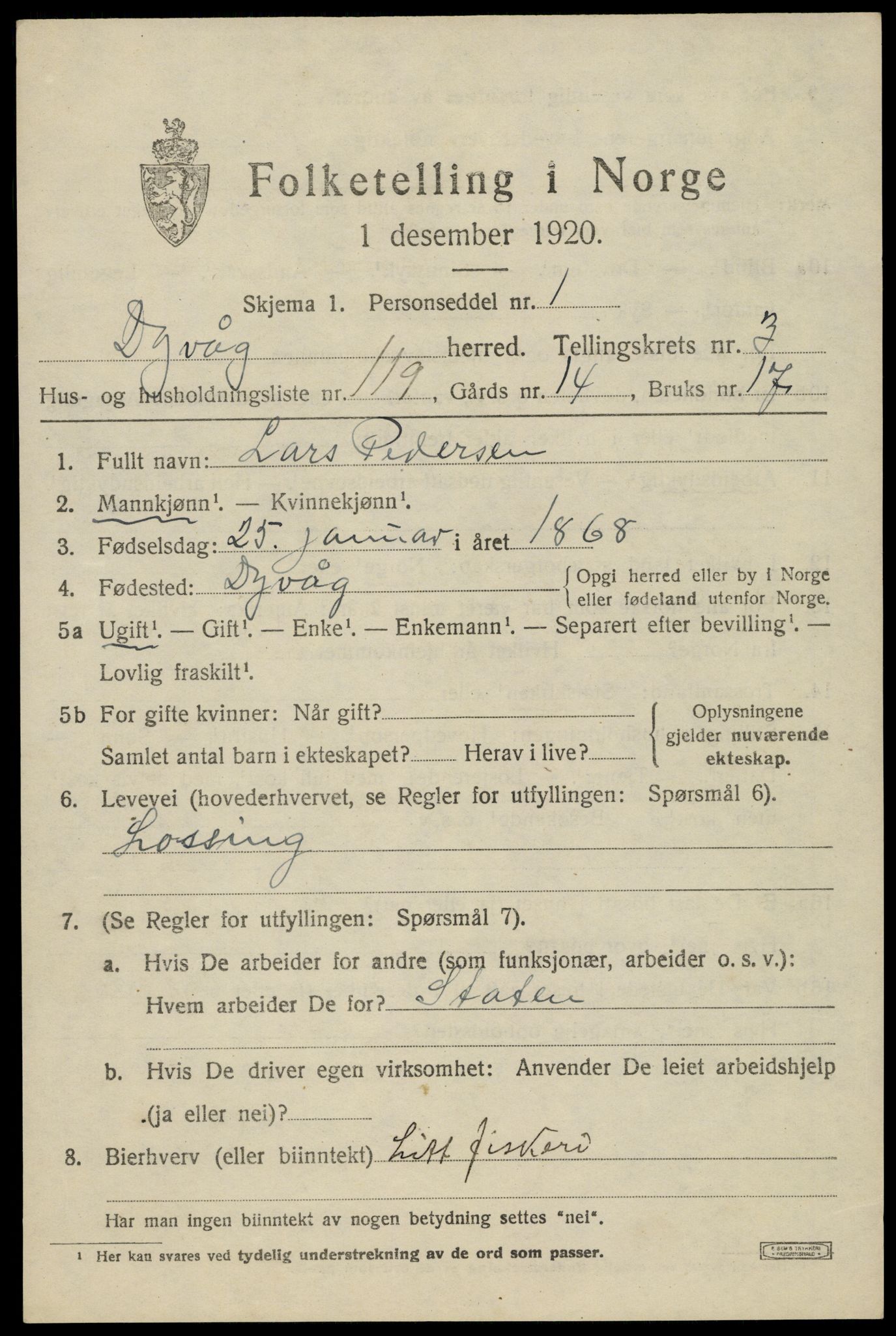 SAK, 1920 census for Dypvåg, 1920, p. 3331