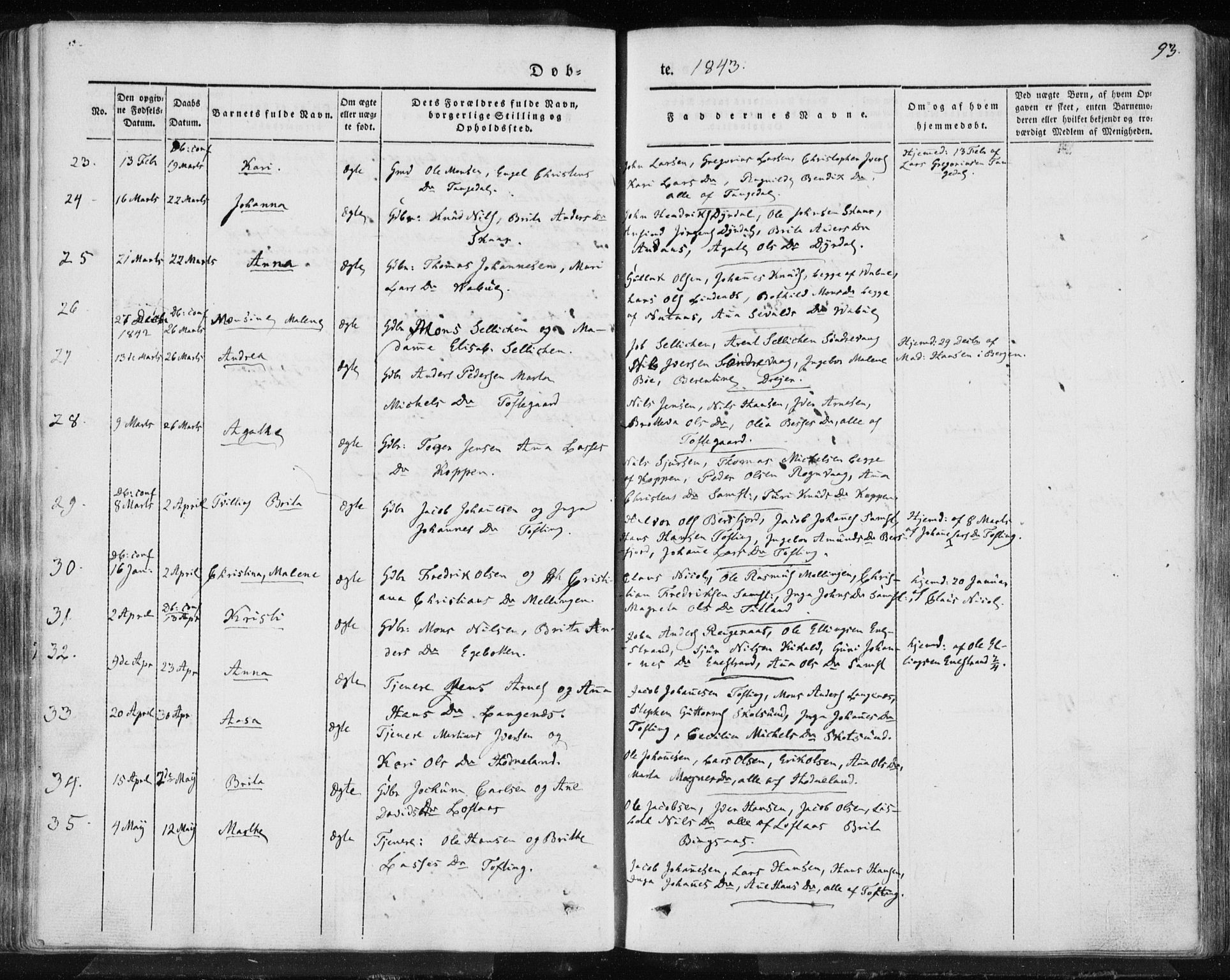 Lindås Sokneprestembete, AV/SAB-A-76701/H/Haa/Haaa/L0010: Parish register (official) no. A 10, 1842-1862, p. 93