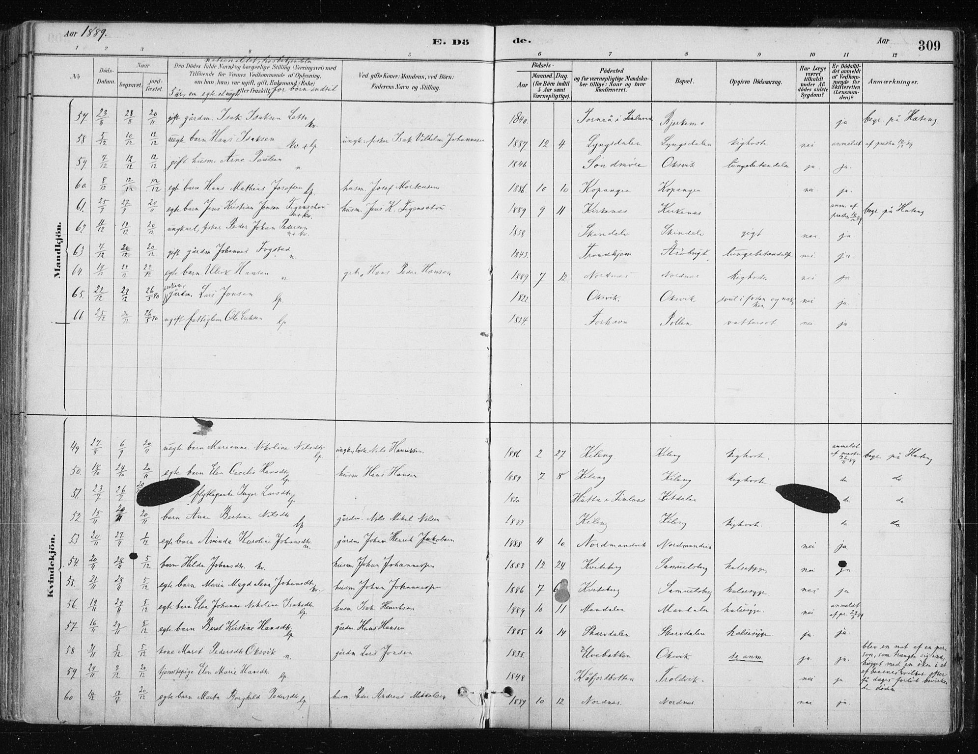 Lyngen sokneprestembete, AV/SATØ-S-1289/H/He/Hea/L0007kirke: Parish register (official) no. 7, 1879-1890, p. 309