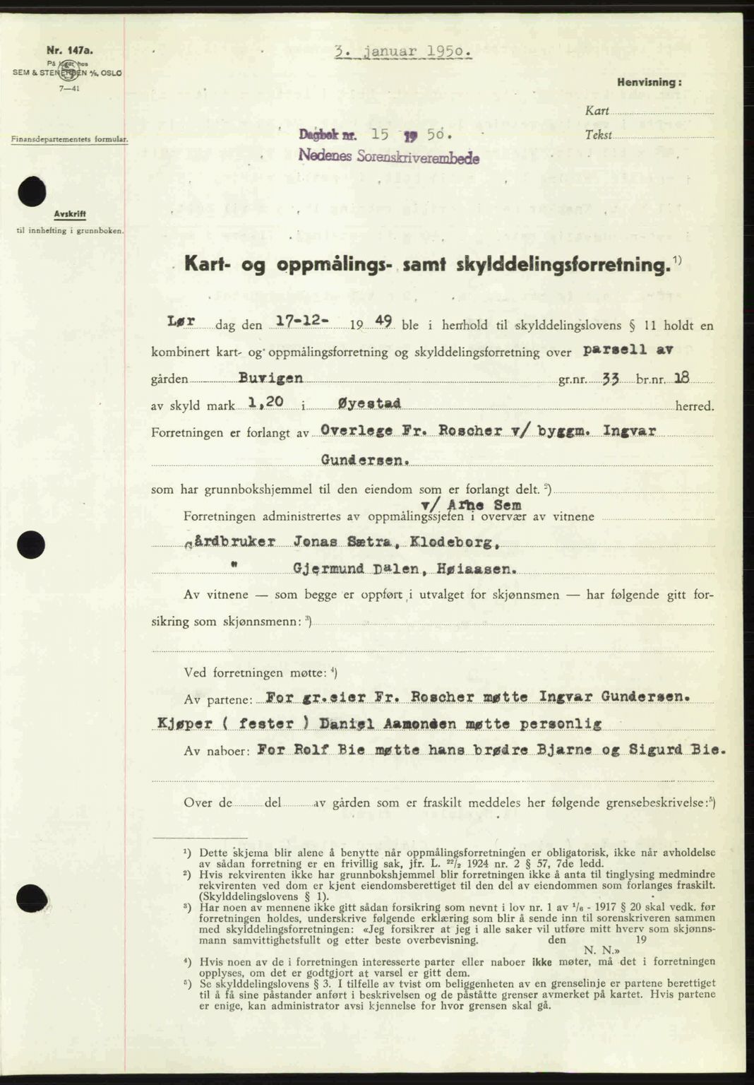 Nedenes sorenskriveri, SAK/1221-0006/G/Gb/Gba/L0062: Mortgage book no. A14, 1949-1950, Diary no: : 15/1950