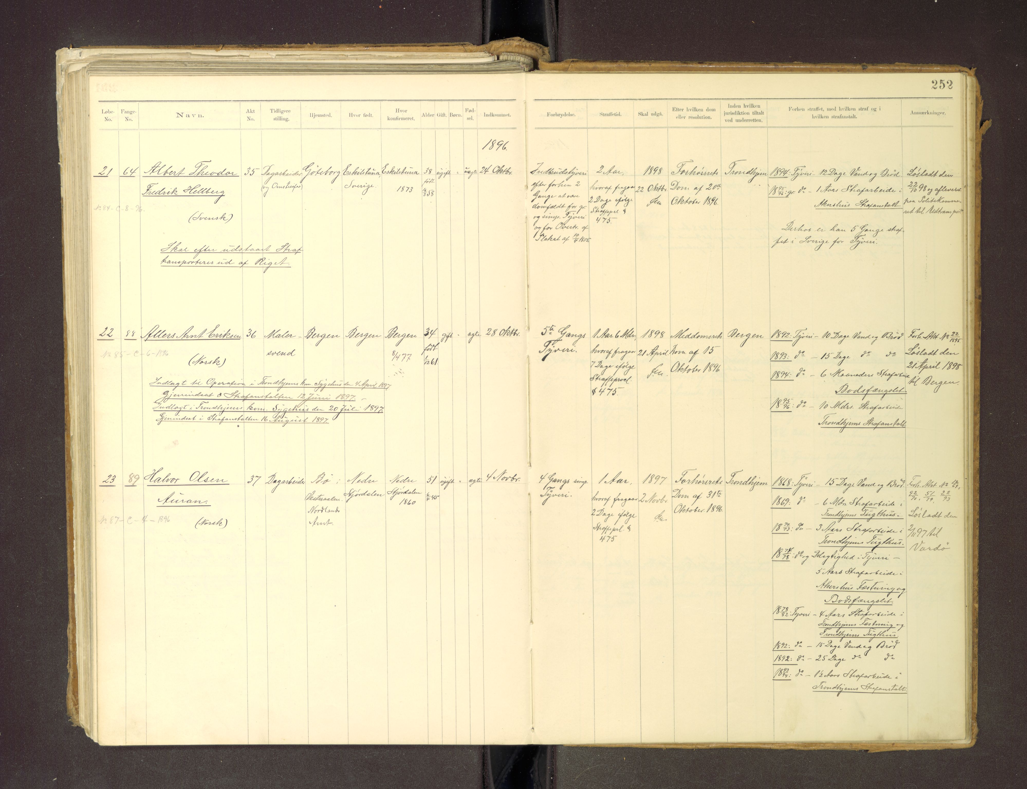 Trondheim tukthus, AV/SAT-A-4619/05/65/L0036: 65.36 Fangeprotokoll m/reg, 1885-1898, p. 252