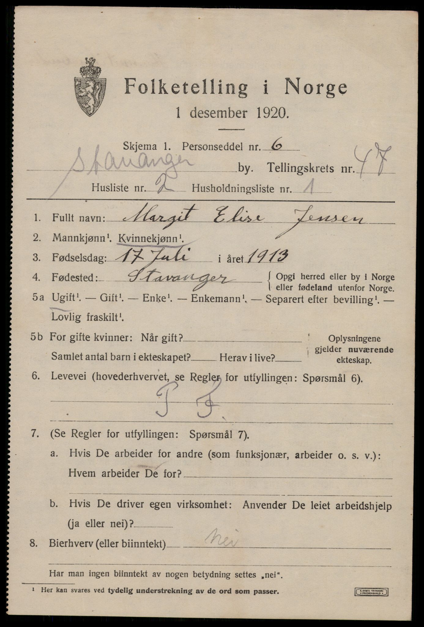 SAST, 1920 census for Stavanger, 1920, p. 113988