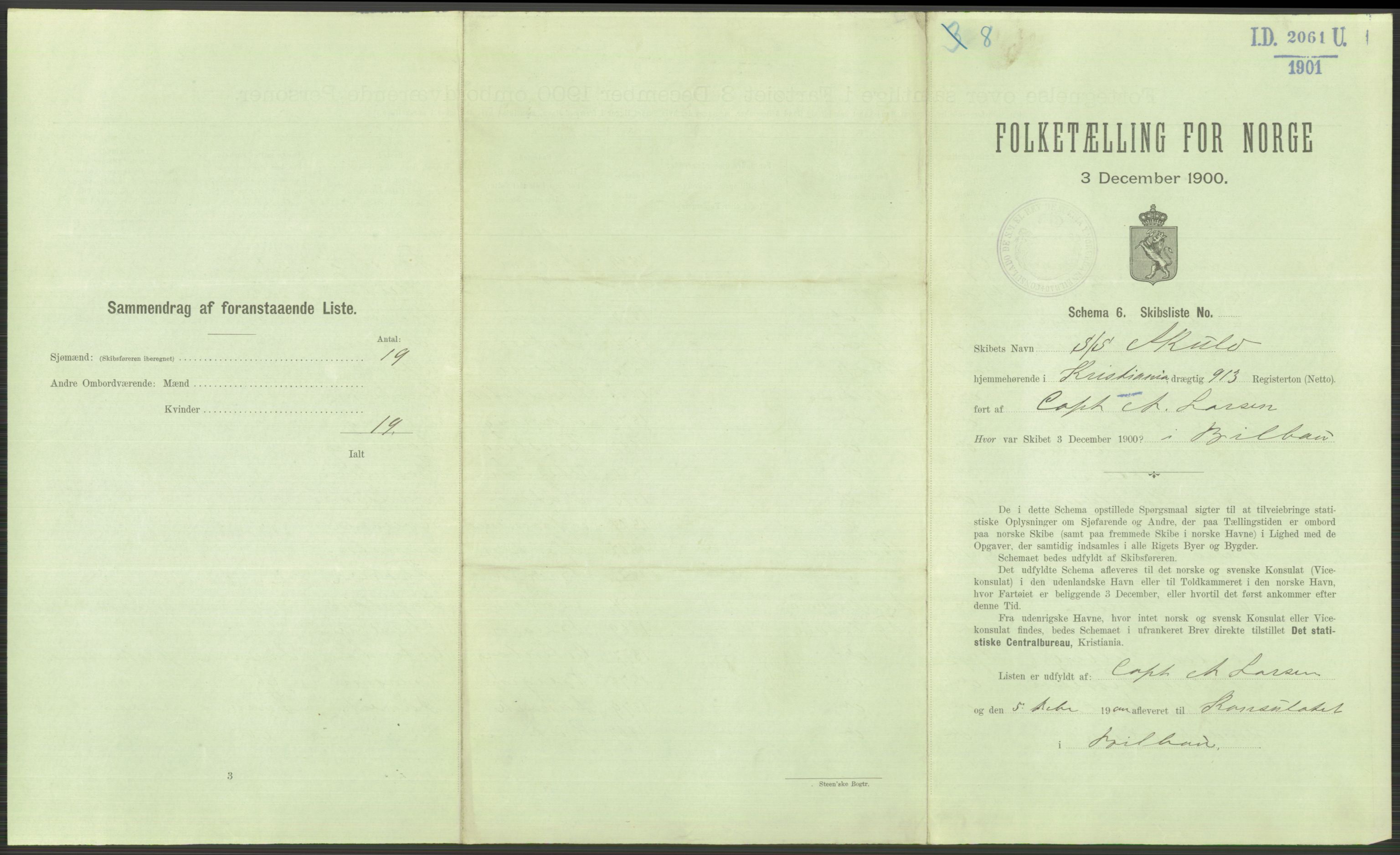 RA, 1900 Census - ship lists from ships in Norwegian harbours, harbours abroad and at sea, 1900, p. 4689