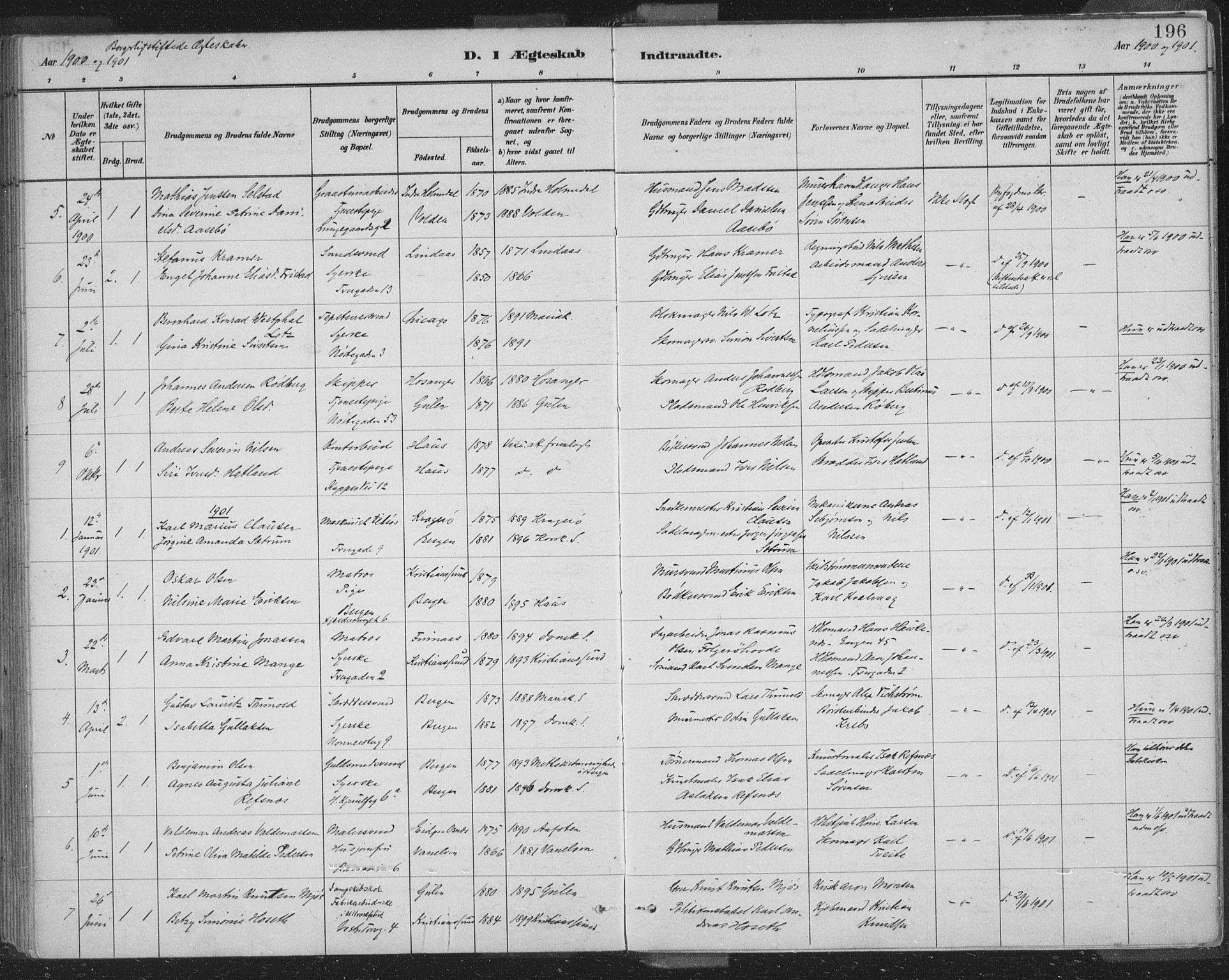 Domkirken sokneprestembete, SAB/A-74801/H/Hab/L0032: Parish register (copy) no. D 4, 1880-1907, p. 196