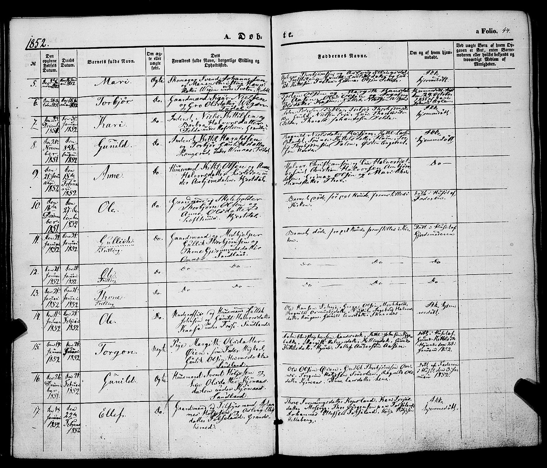 Hjartdal kirkebøker, SAKO/A-270/F/Fa/L0008: Parish register (official) no. I 8, 1844-1859, p. 44
