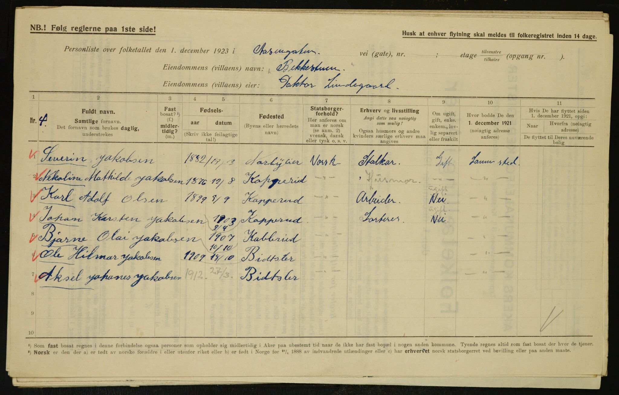 , Municipal Census 1923 for Aker, 1923, p. 7405