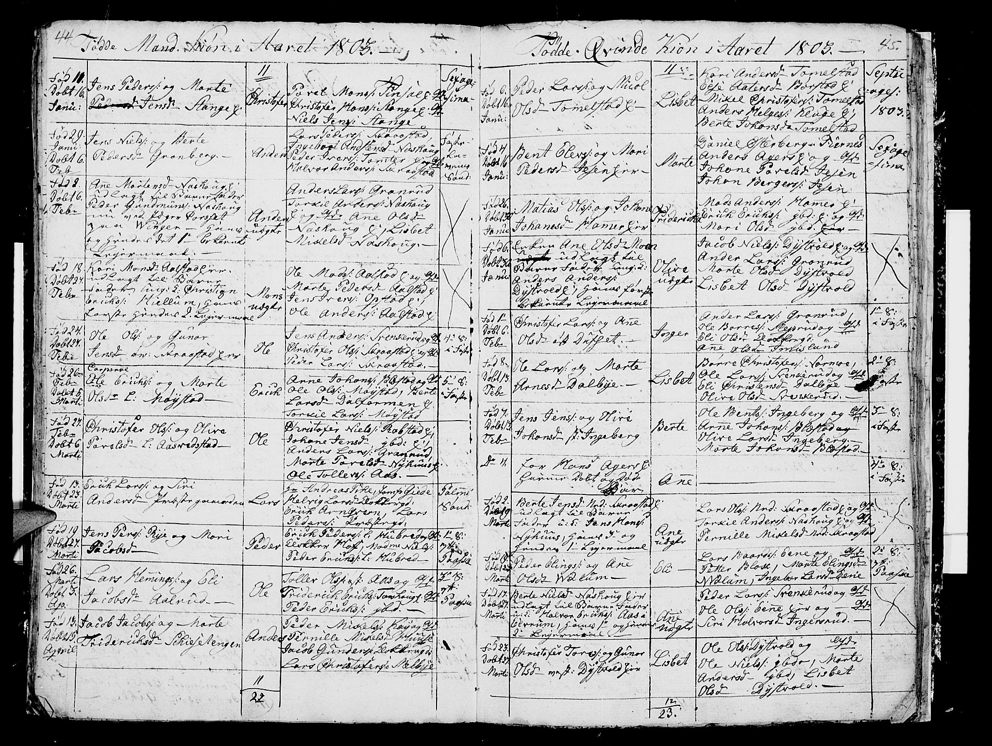 Vang prestekontor, Hedmark, SAH/PREST-008/H/Ha/Hab/L0002: Parish register (copy) no. 2, 1797-1803, p. 44-45