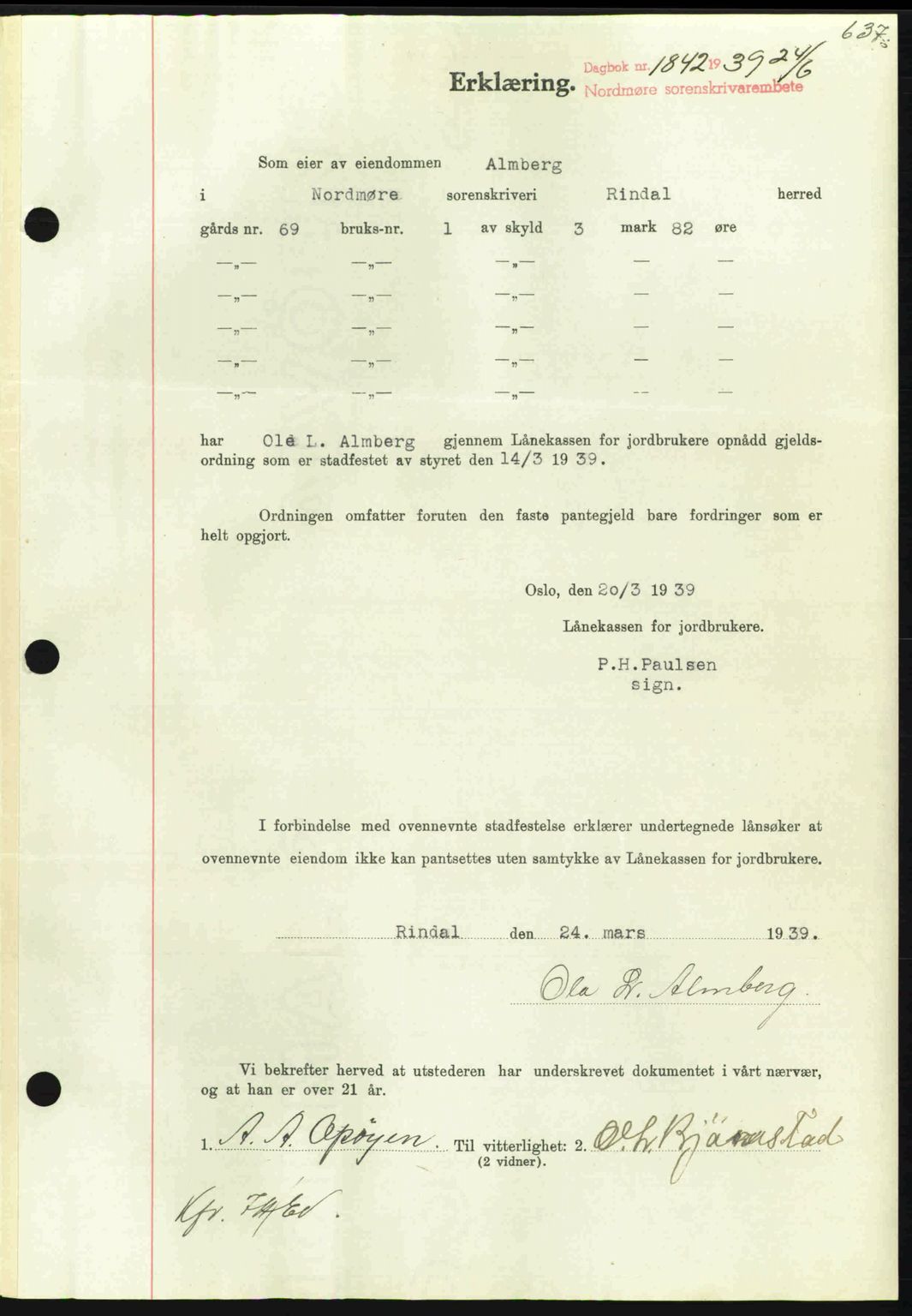 Nordmøre sorenskriveri, AV/SAT-A-4132/1/2/2Ca: Mortgage book no. B85, 1939-1939, Diary no: : 1842/1939