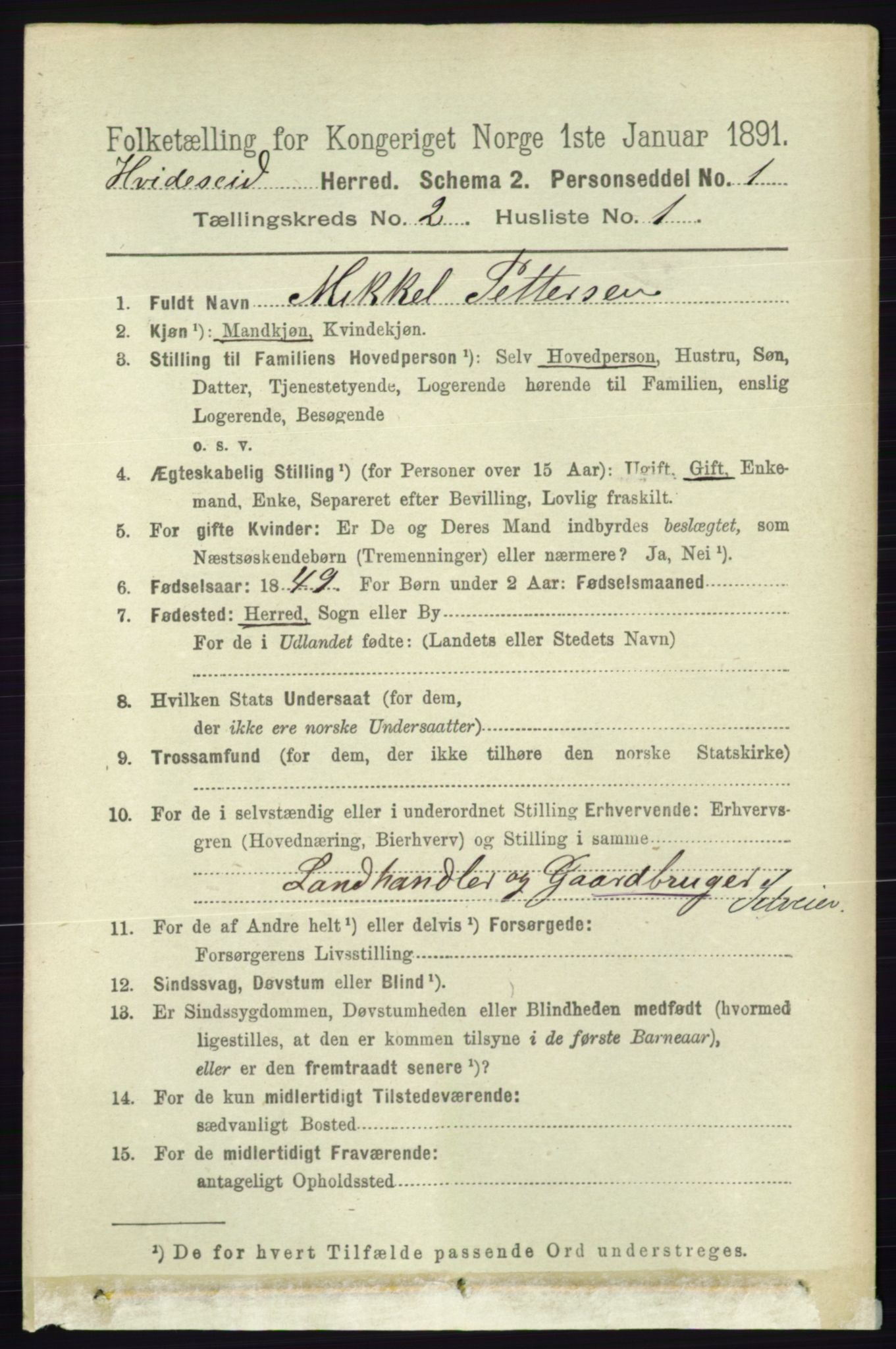 RA, 1891 census for 0829 Kviteseid, 1891, p. 292