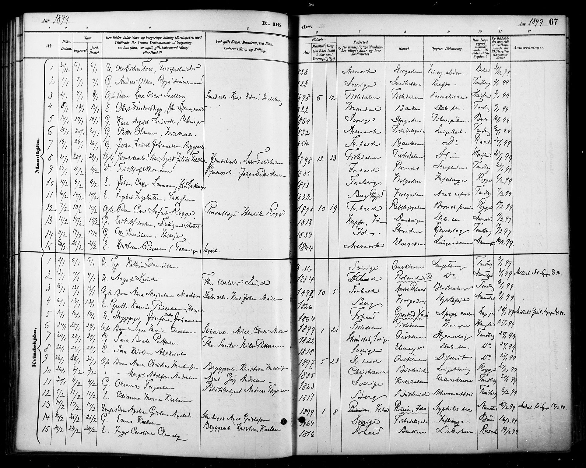 Halden prestekontor Kirkebøker, SAO/A-10909/F/Fa/L0014: Parish register (official) no. I 14, 1890-1906, p. 67