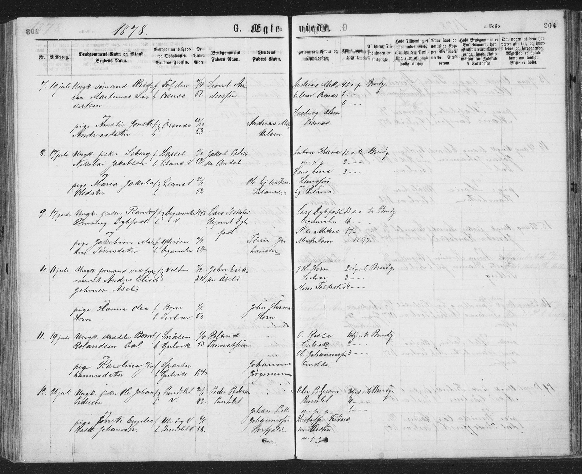 Ministerialprotokoller, klokkerbøker og fødselsregistre - Nordland, AV/SAT-A-1459/874/L1058: Parish register (official) no. 874A02, 1878-1883, p. 204