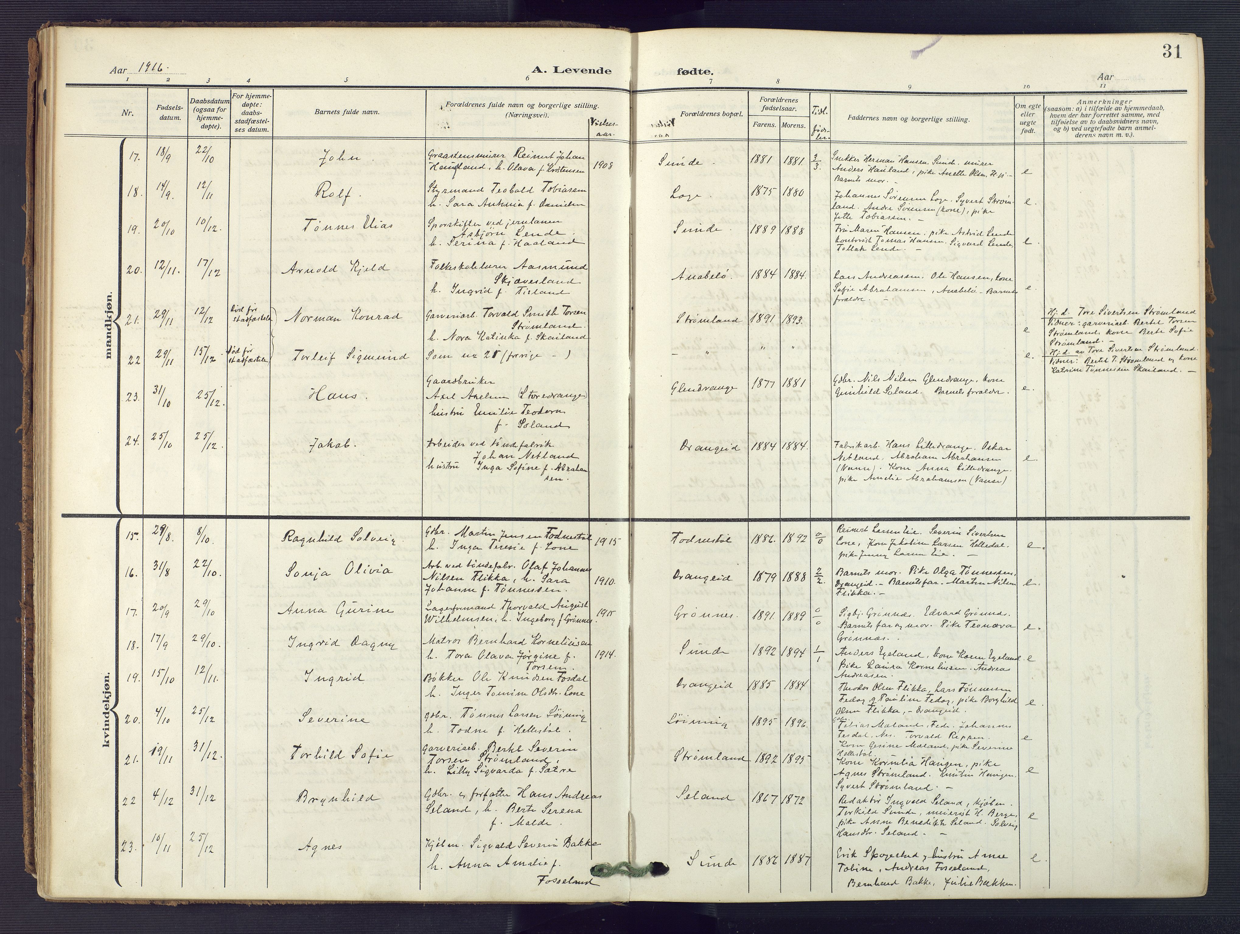 Flekkefjord sokneprestkontor, AV/SAK-1111-0012/F/Fa/Fac/L0010: Parish register (official) no. A 10, 1910-1927, p. 31