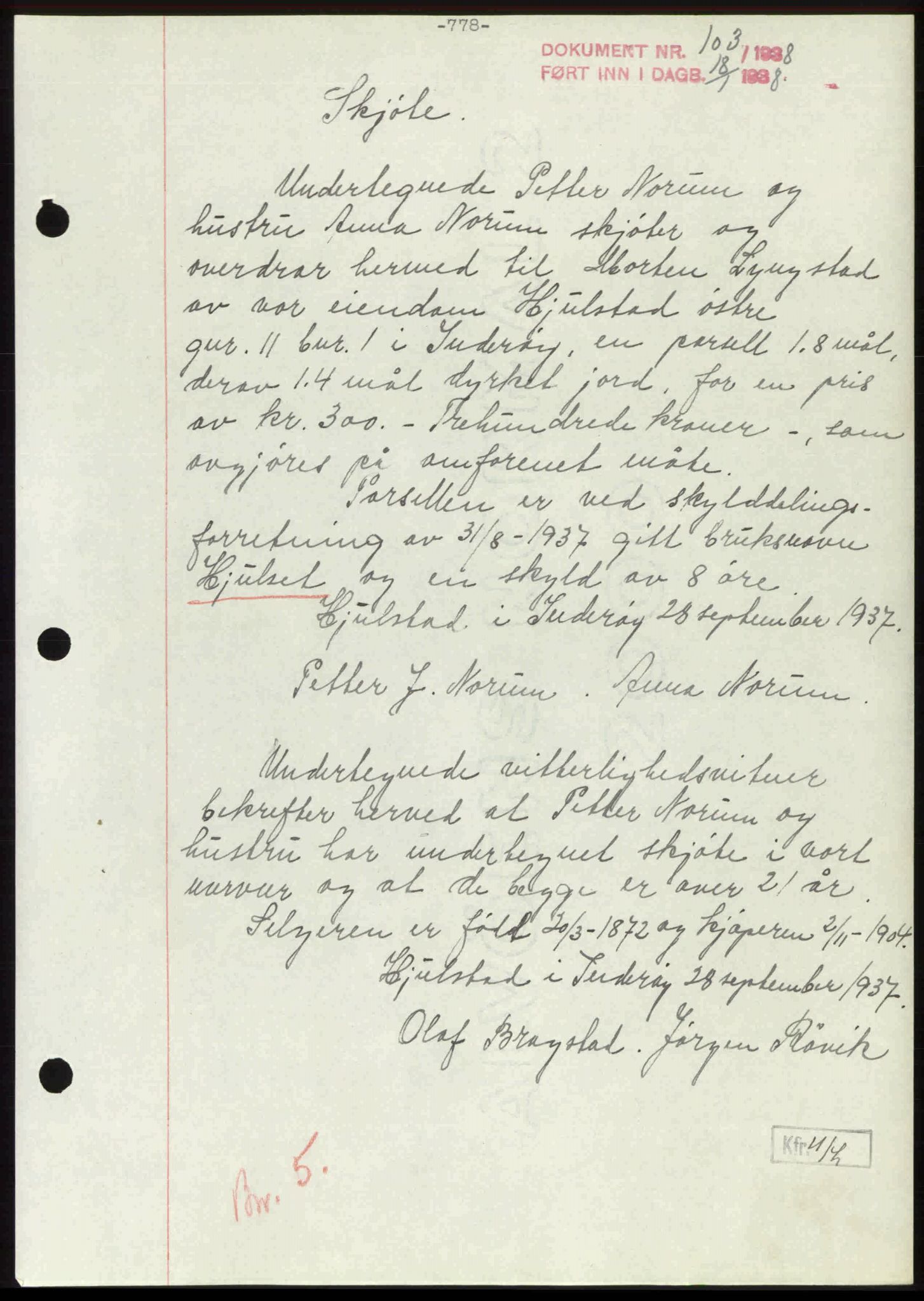 Inderøy sorenskriveri, AV/SAT-A-4147/1/2/2C: Mortgage book no. A 3, 1937-1938, p. 778, Diary no: : 103/1938