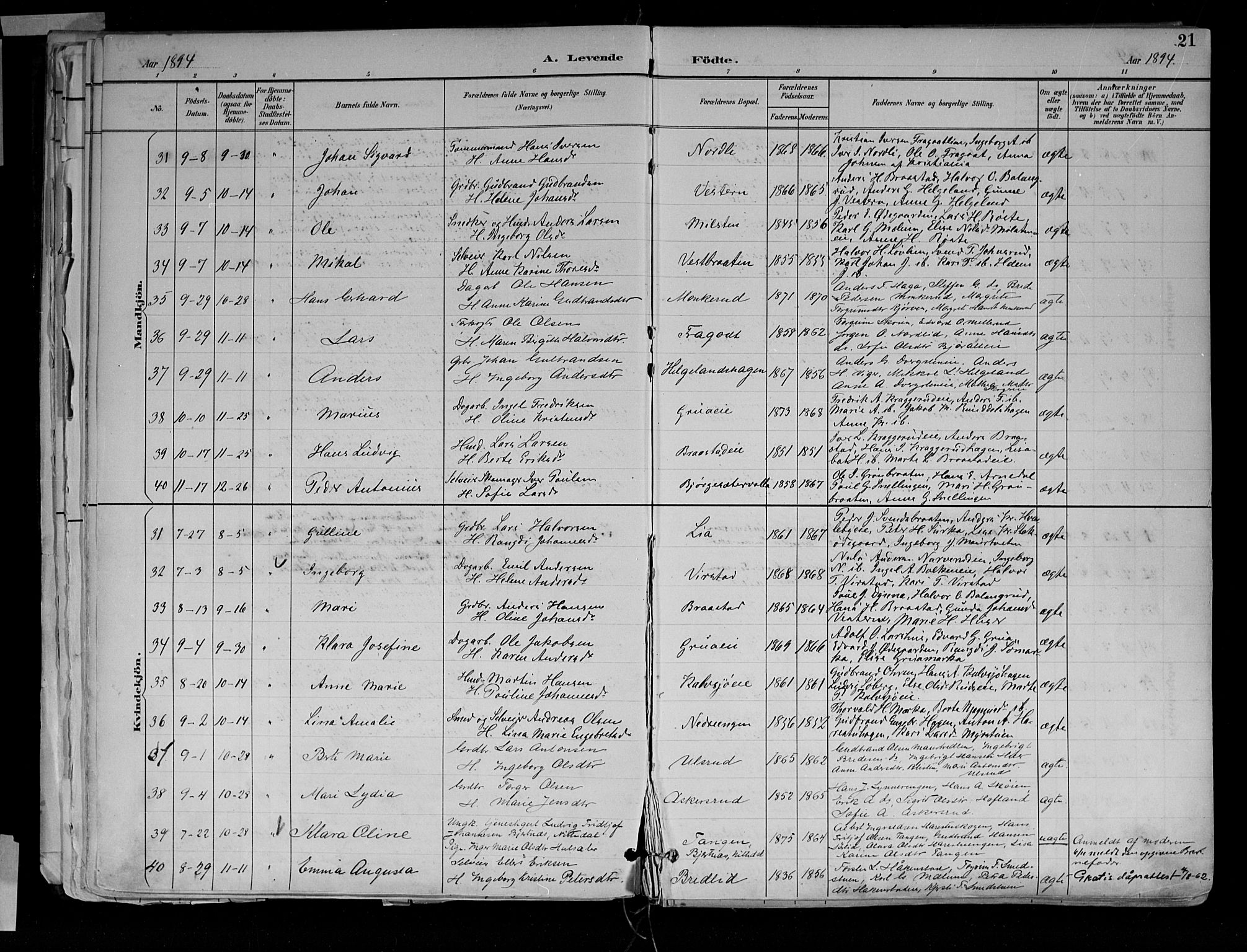 Jevnaker prestekontor, SAH/PREST-116/H/Ha/Haa/L0010: Parish register (official) no. 10, 1891-1906, p. 21