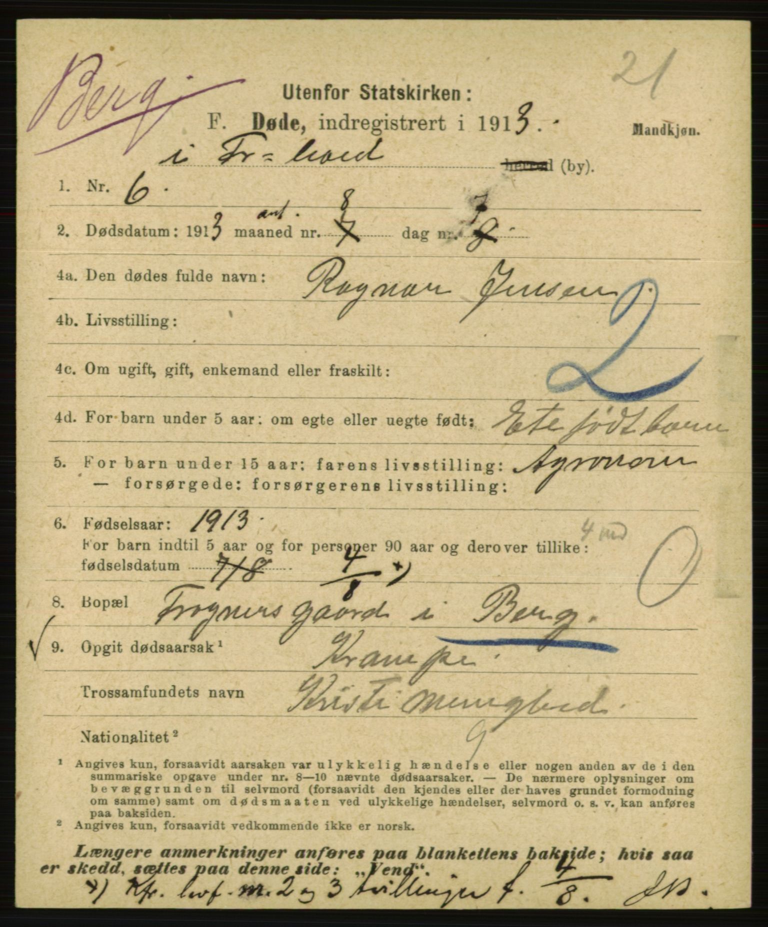 Statistisk sentralbyrå, Sosiodemografiske emner, Befolkning, AV/RA-S-2228/E/L0011: Fødte, gifte, døde dissentere., 1913, p. 2387